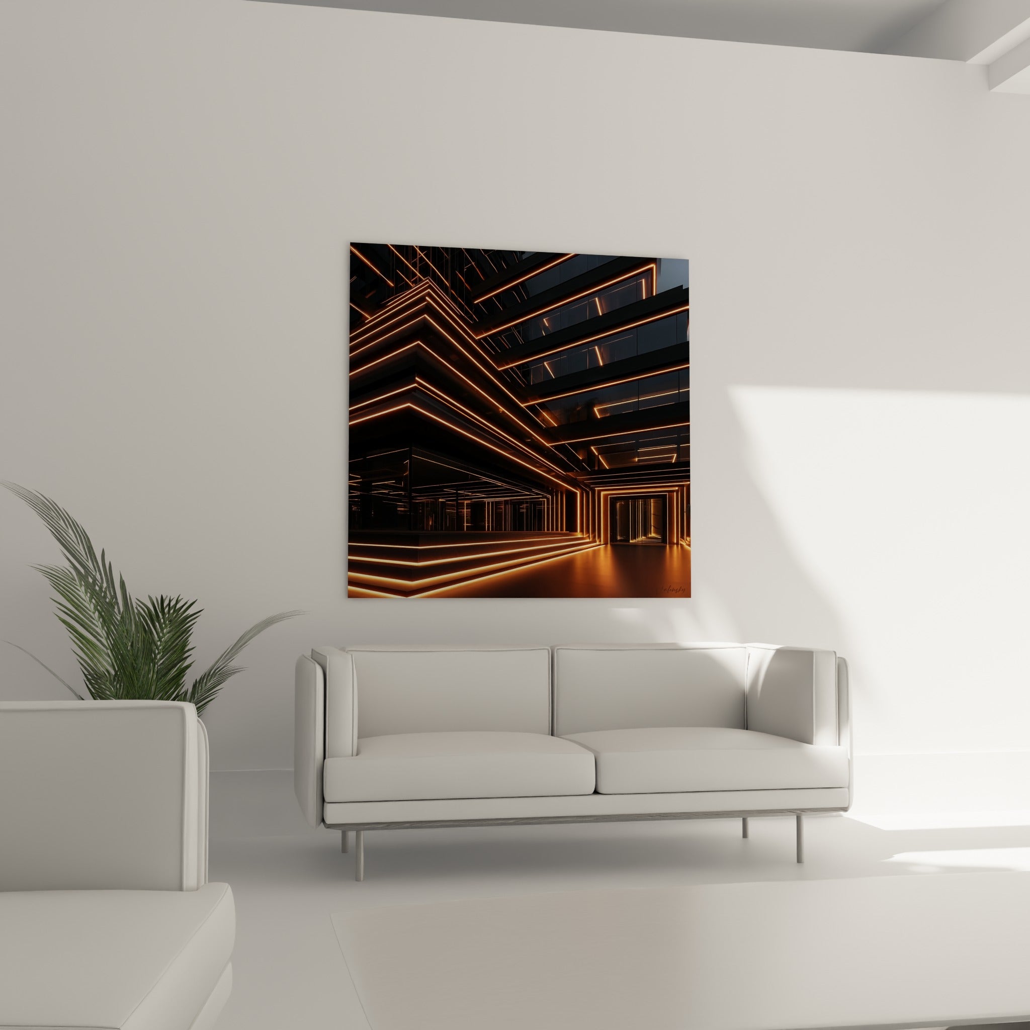 Perspectives lumineuses d'une architecture abstrait noire et ambrée placées au-dessus d'un canapé dans un salon lumineux