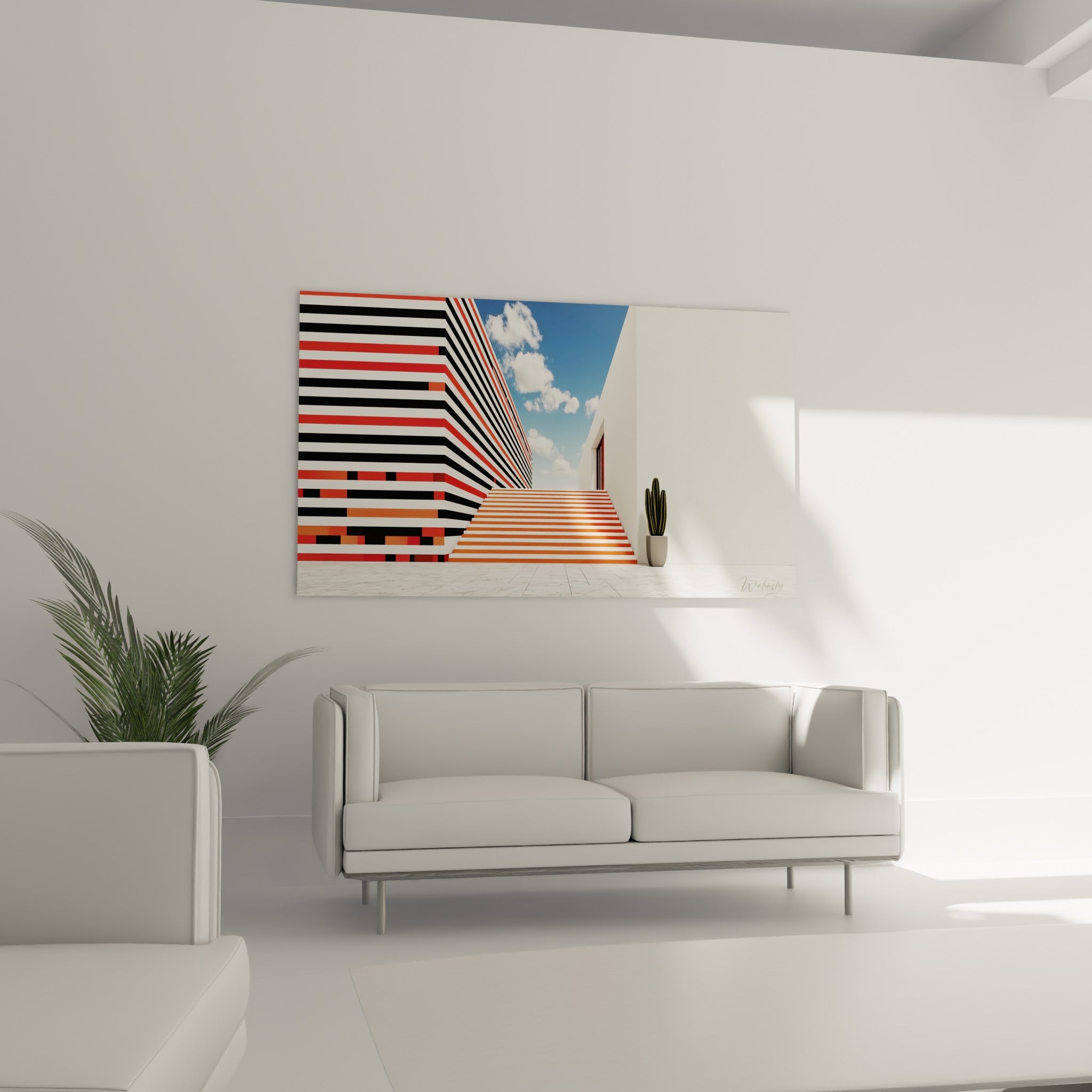 Perspective géométrique rouge et bleue vers un escalier, tableau architecture abstraite au-dessus d'un canapé dans un salon lumineux