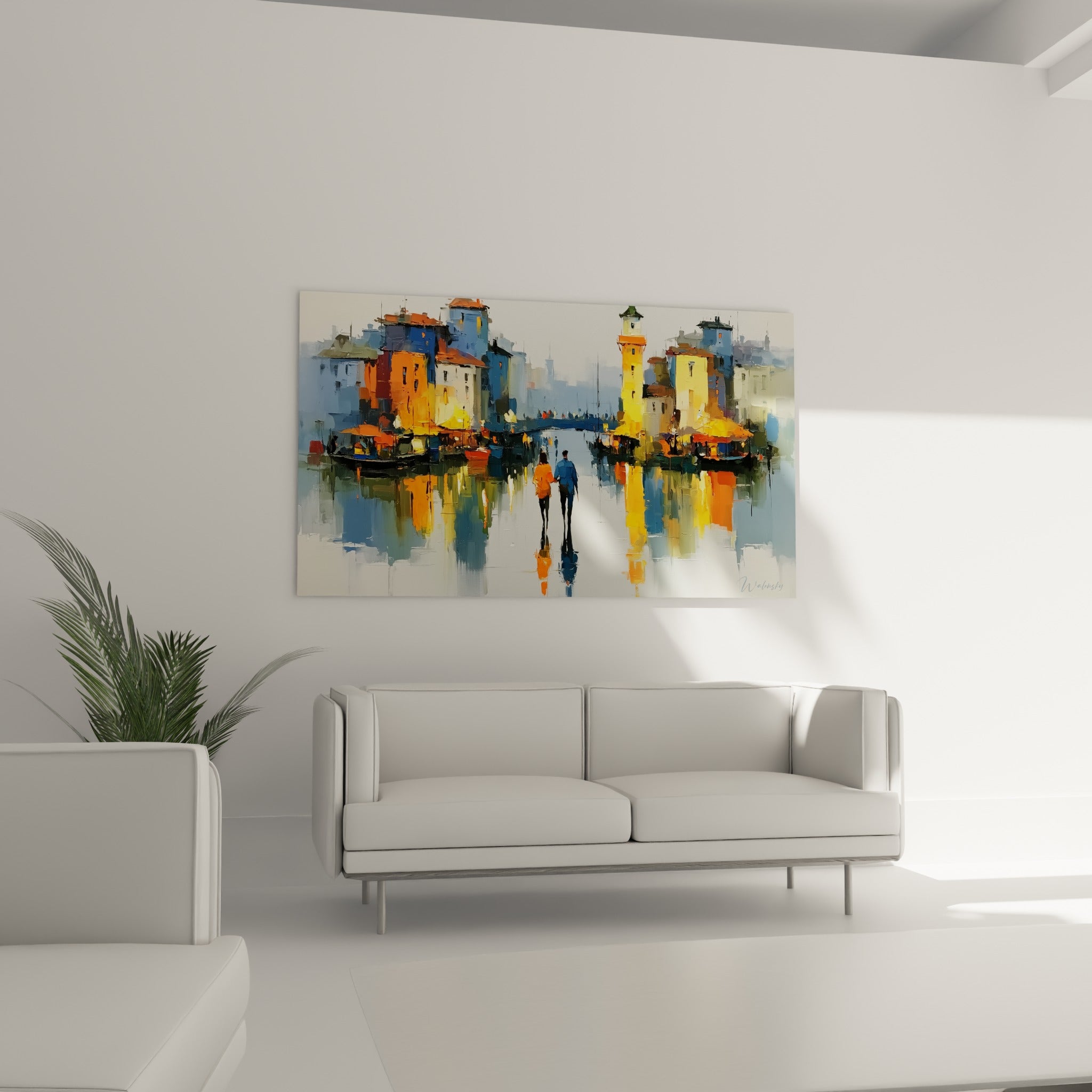 Village portuaire aux tons ocre et bleu ardoise avec ses reflets, au-dessus d'un canapé dans un salon lumineux