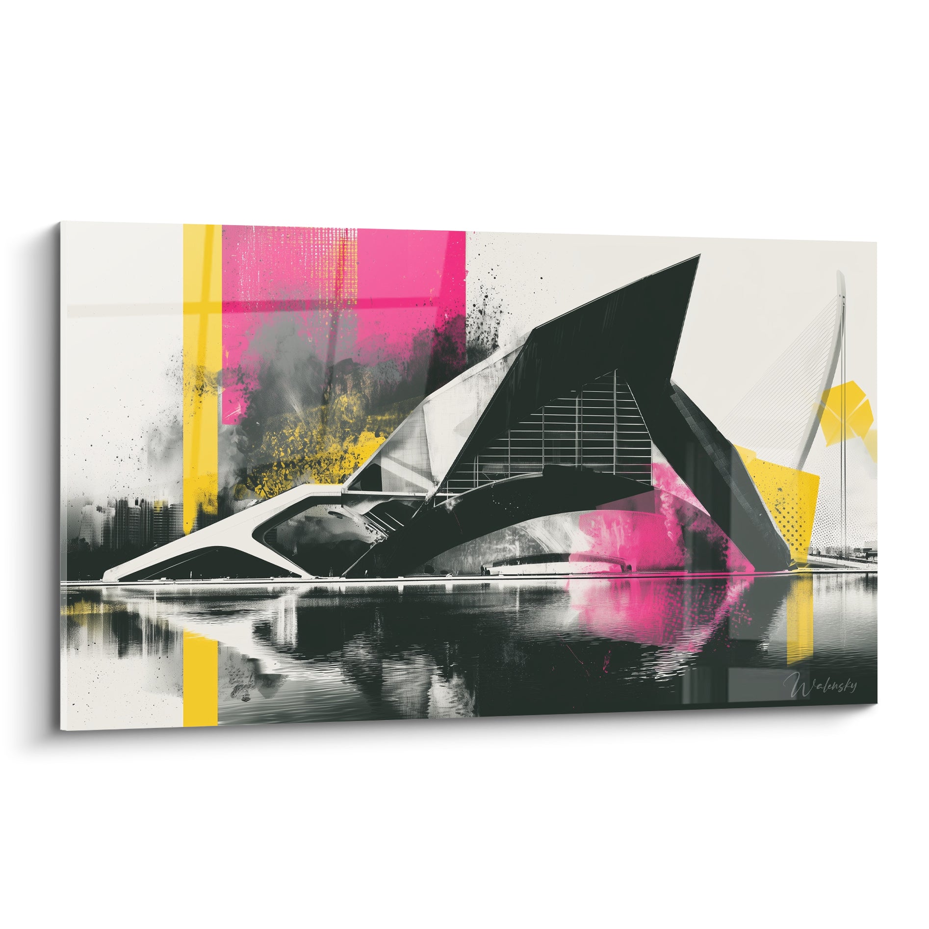Bâtiment futuriste architecture abstrait en noir et blanc avec bandes rose fuchsia et jaune moutarde