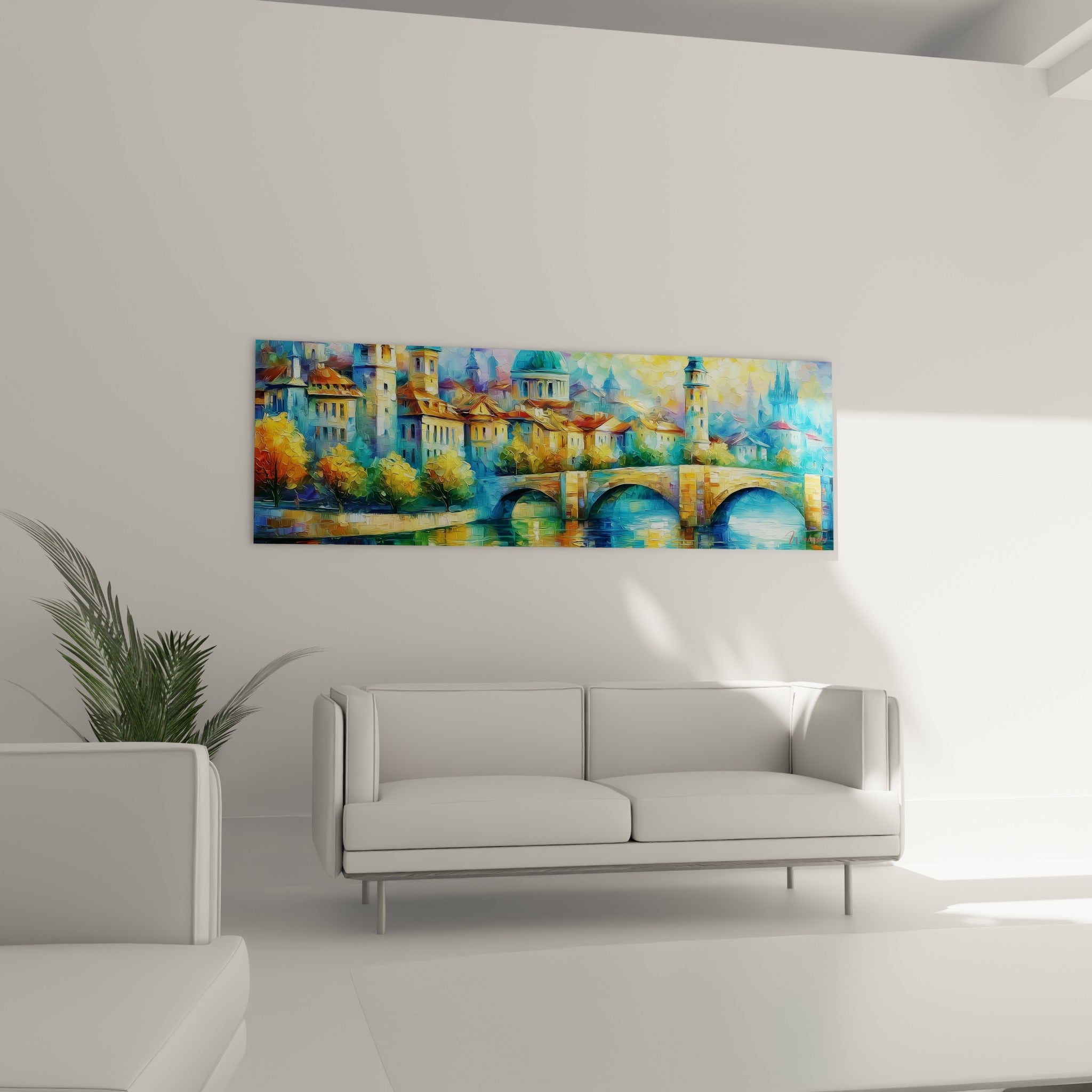 Rivière et pont aux arches dorées sous un ciel bleu pastel, installé au-dessus d'un canapé dans un salon lumineux