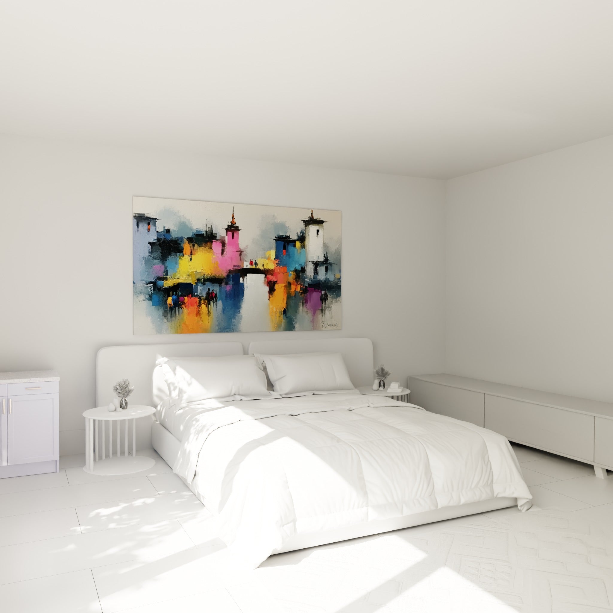 Silhouettes traversant un pont sur ce tableau architecture abstrait, au-dessus d'un lit dans une chambre claire