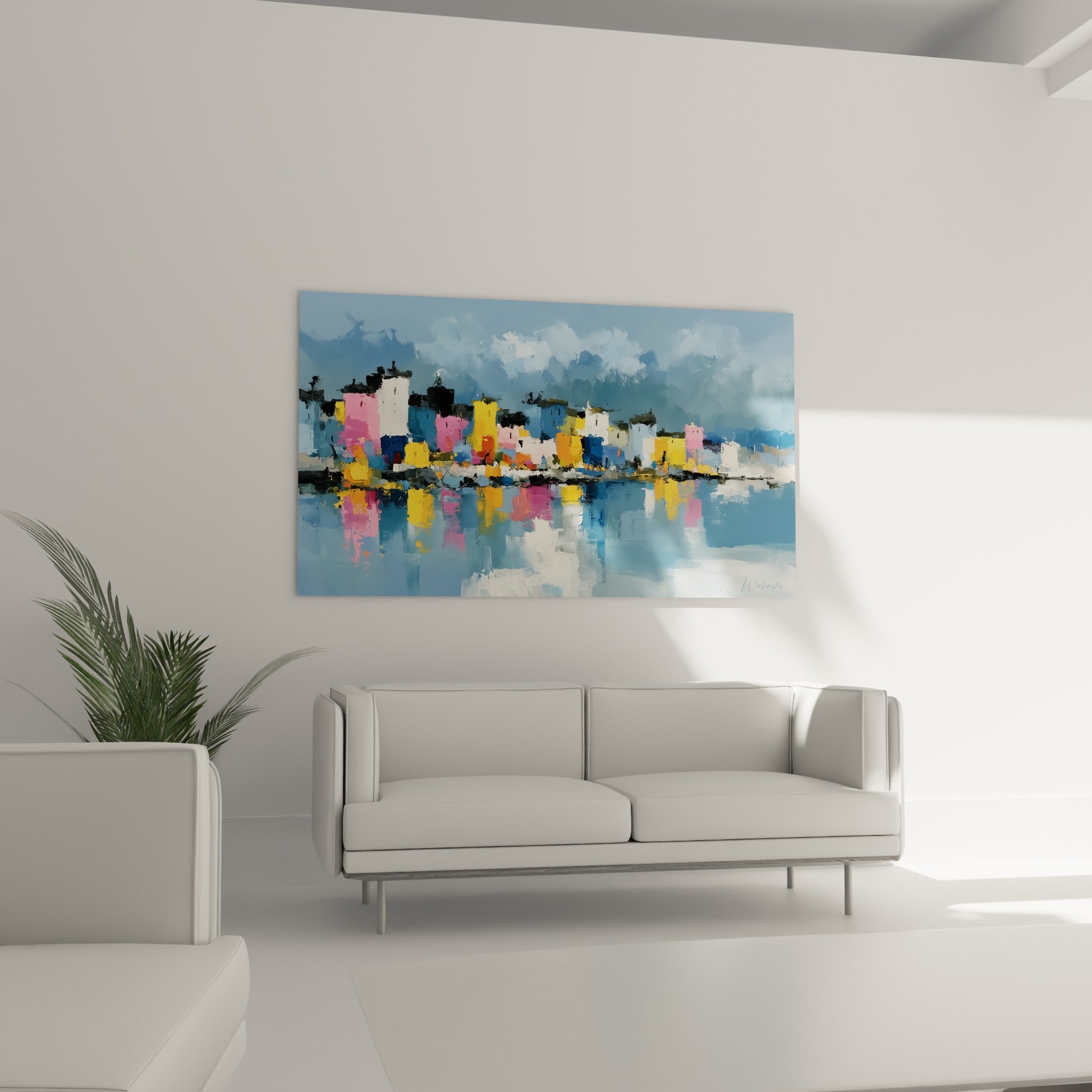 Reflets bleu marine et touches dorées d'un village au bord de l'eau au-dessus d'un canapé dans un salon lumineux
