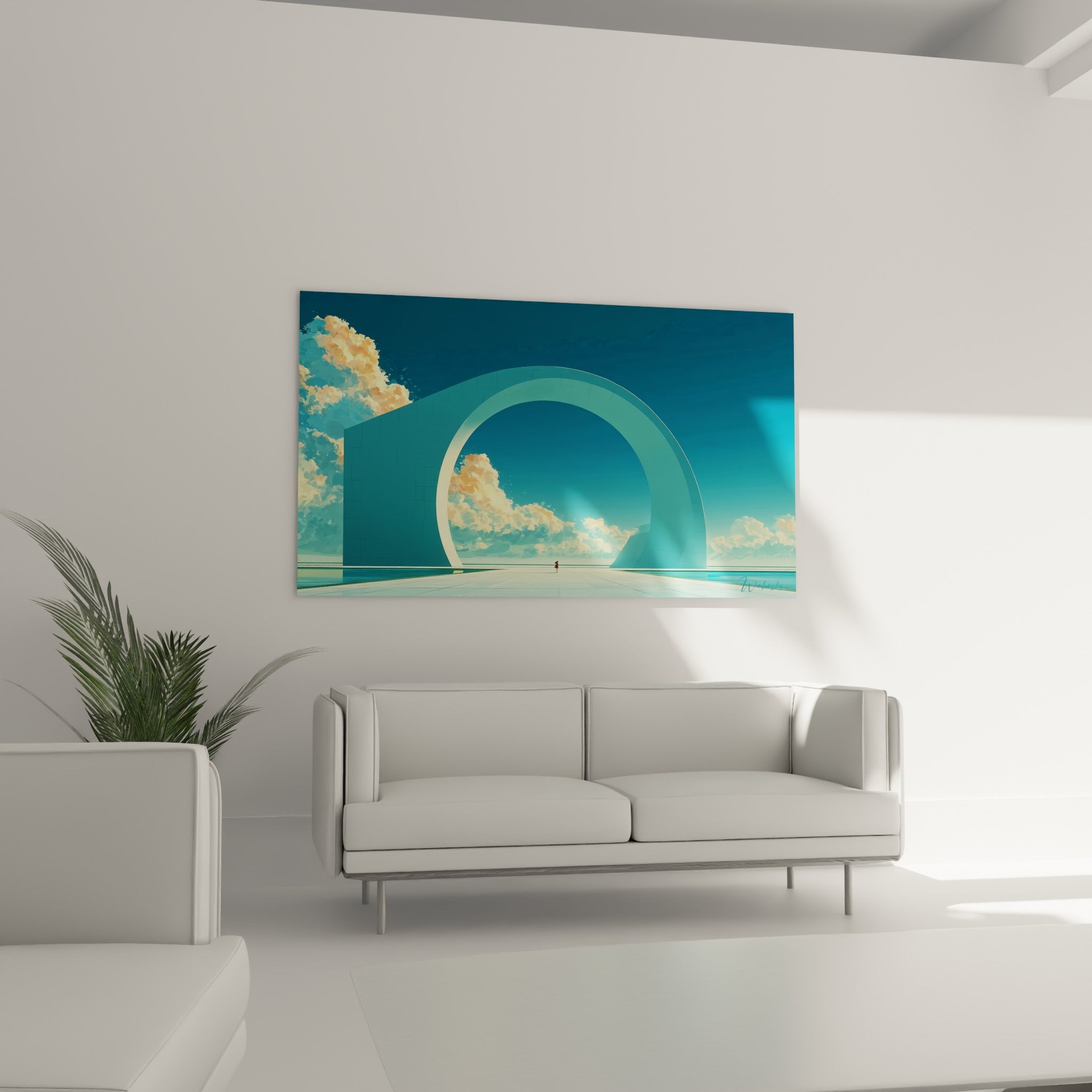 Nuages dorés traversant une arche circulaire bleu sarcelle, au-dessus d'un canapé dans un salon lumineux