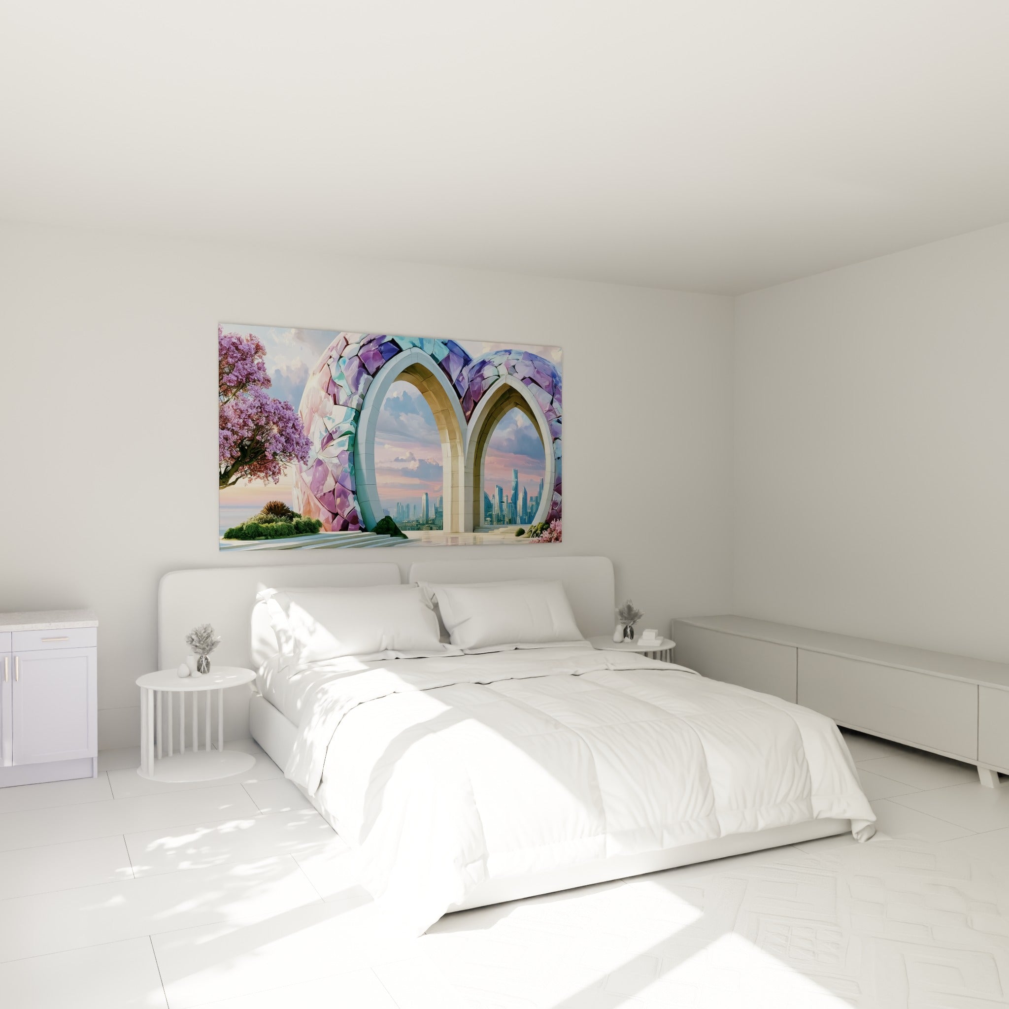 Portail mosaïqué violet et turquoise sur ville lointaine, au-dessus d'un lit dans une chambre claire