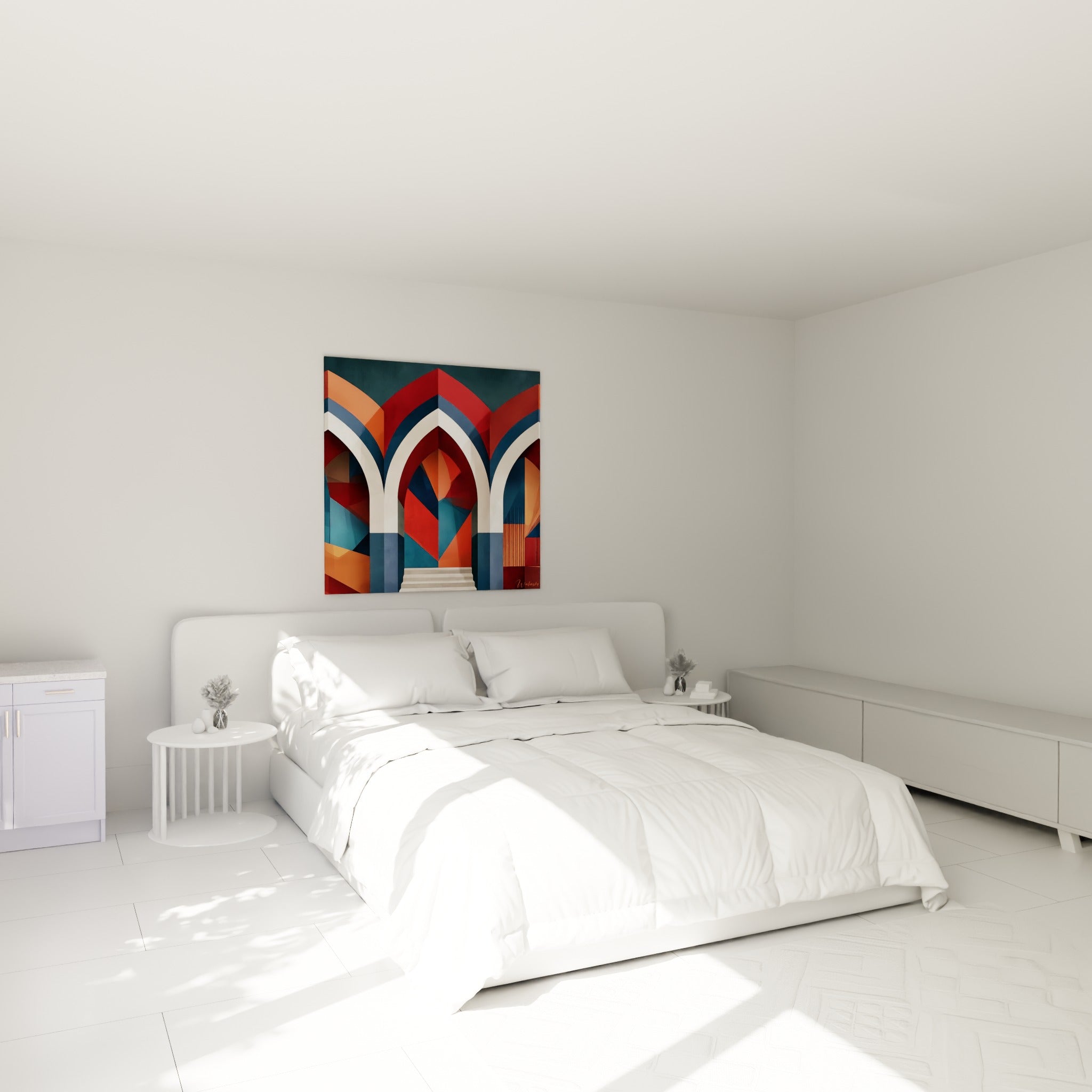 Trois arches terracotta et bleu ardoise se déploient au-dessus d'un lit dans une chambre claire