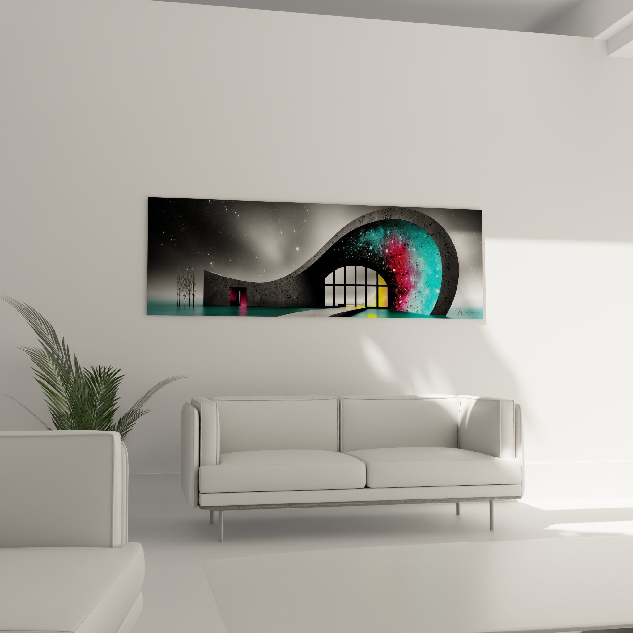 Voûte grise ouverte sur une explosion cosmique fuchsia, architecture abstrait au-dessus d'un canapé dans un salon lumineux