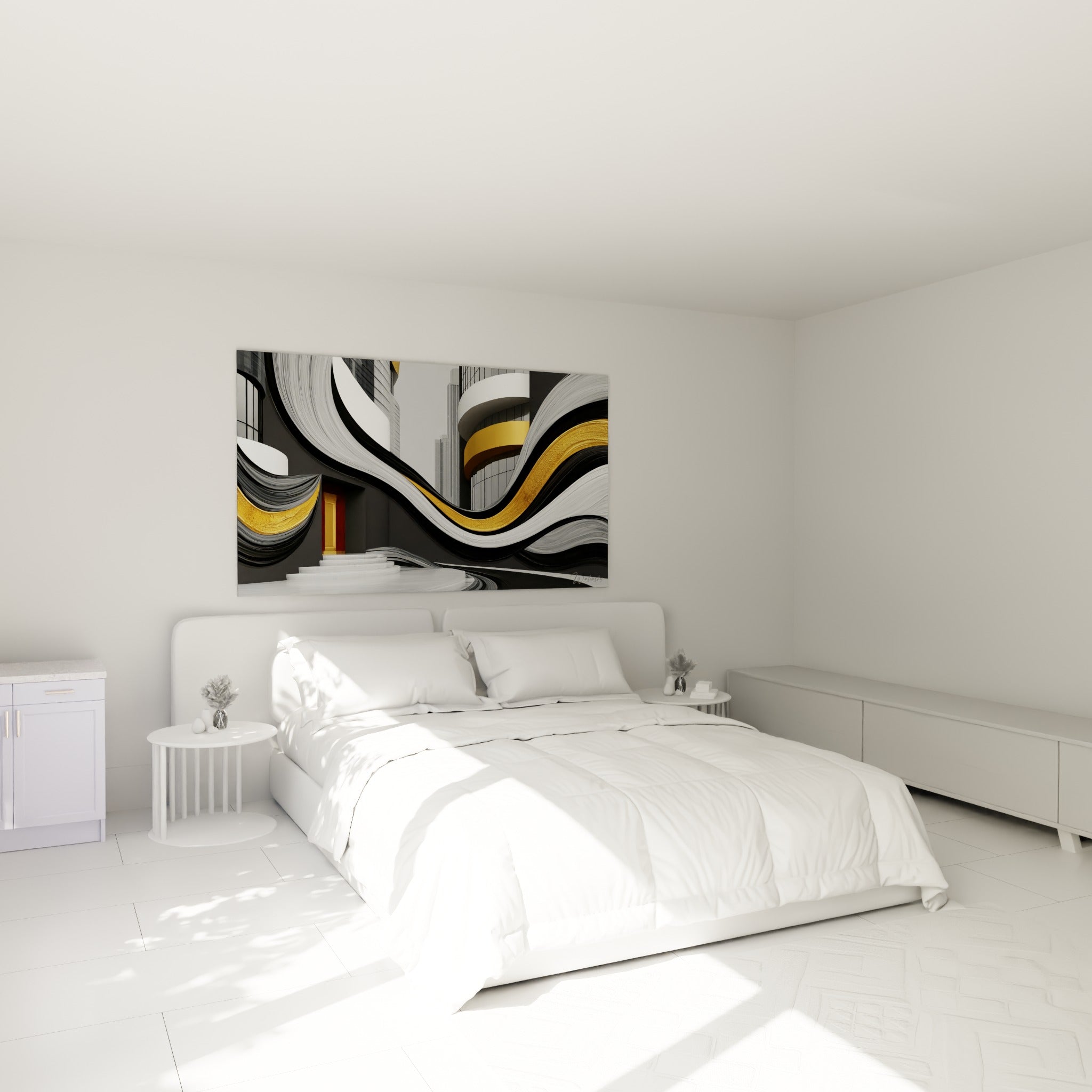 Vagues dorées et anthracite d'architecture abstrait au-dessus d'un lit dans une chambre claire