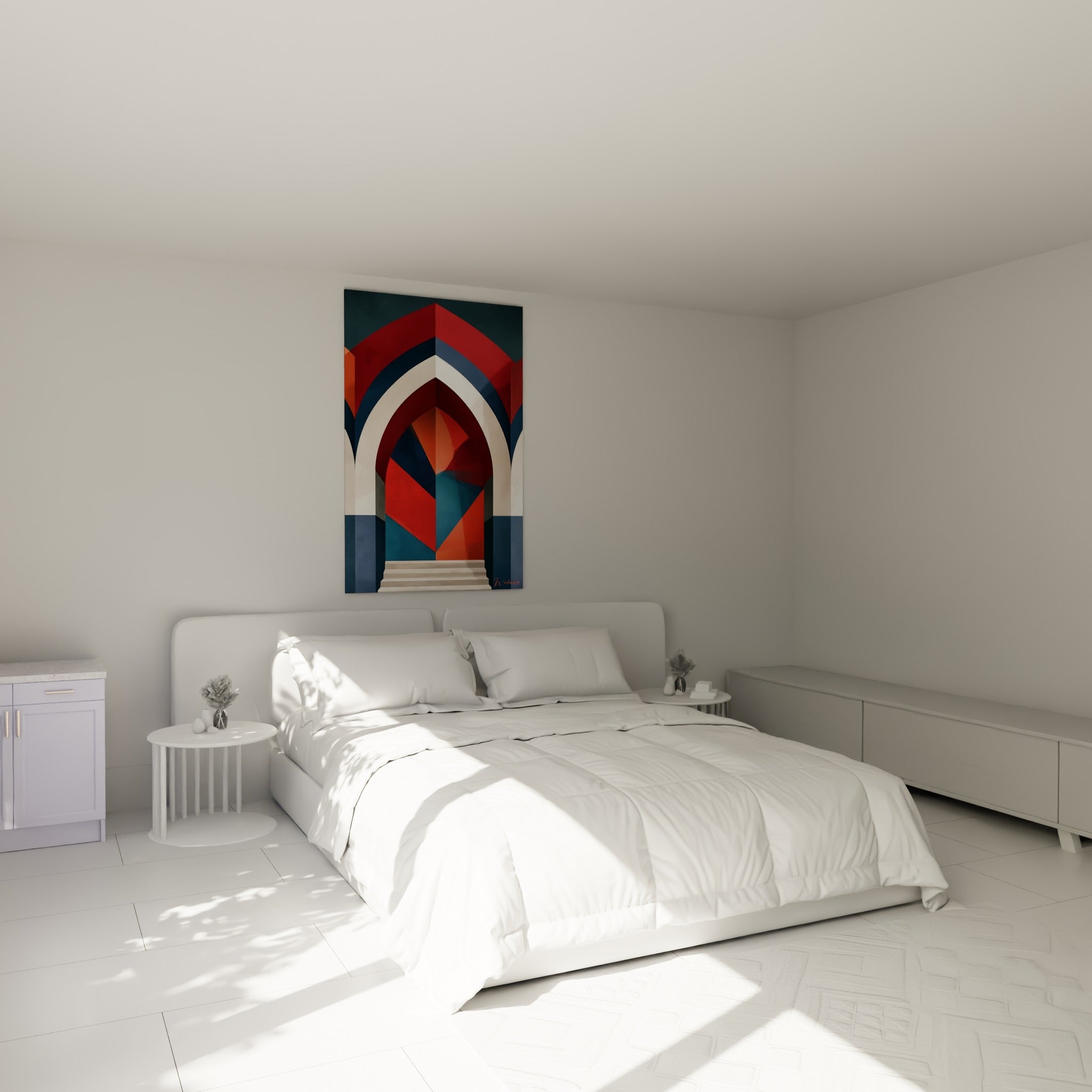 Porte en ogive terracotta et bleu marine, tableau architecture abstrait au-dessus d'un lit dans une chambre claire