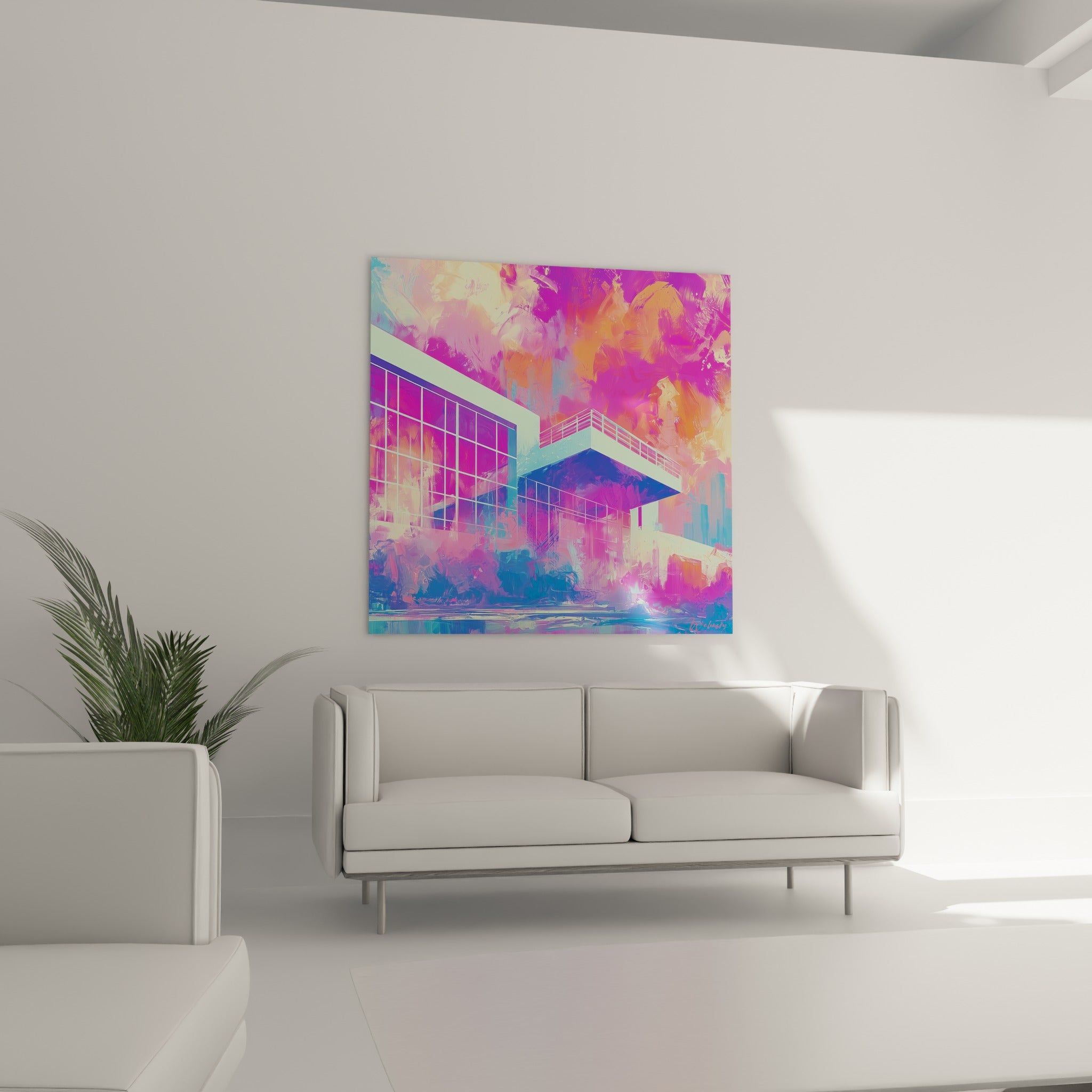 Édifice moderne pourpre et orange flamboyant, positionné au-dessus d'un canapé dans un salon lumineux