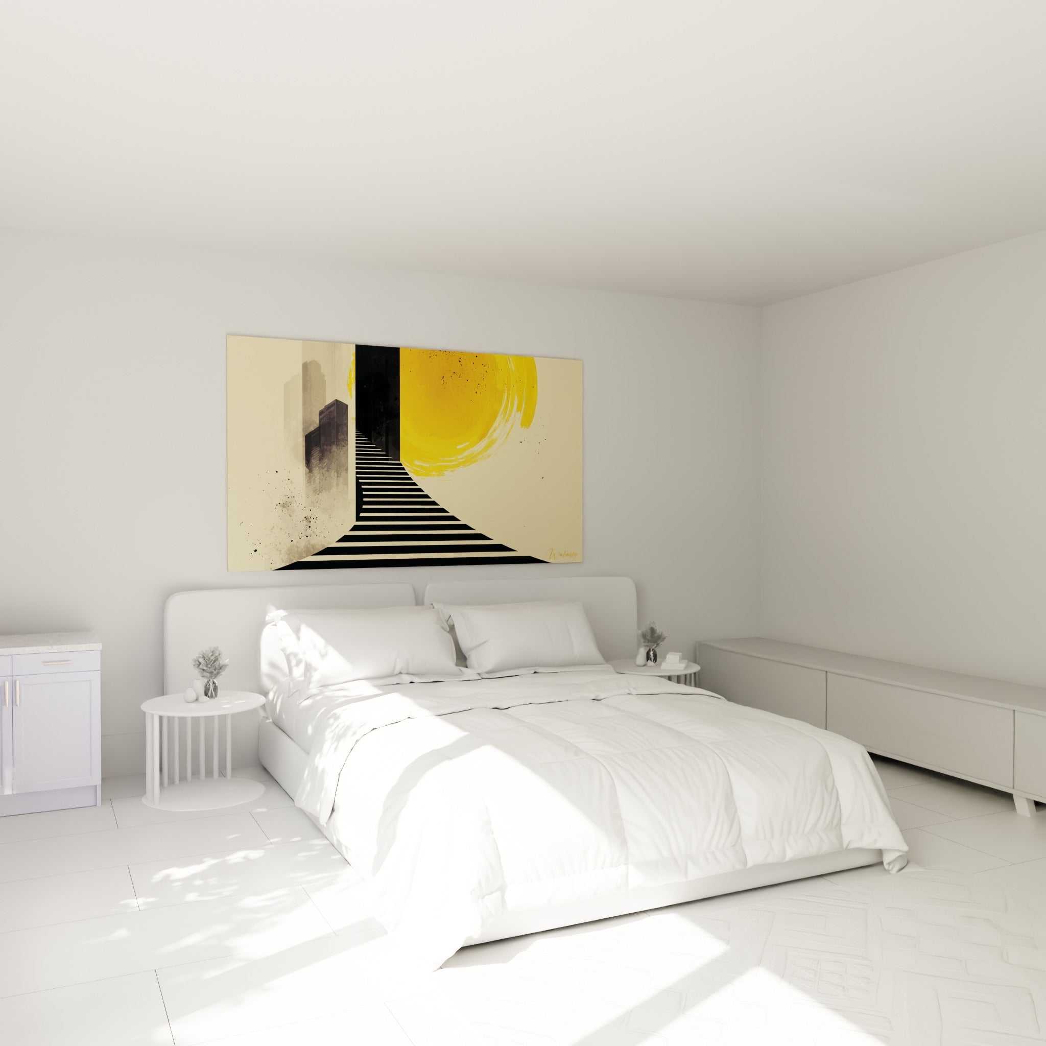 Rayures noires et soleil jaune de ce tableau architecture abstrait au-dessus d'un lit dans une chambre claire