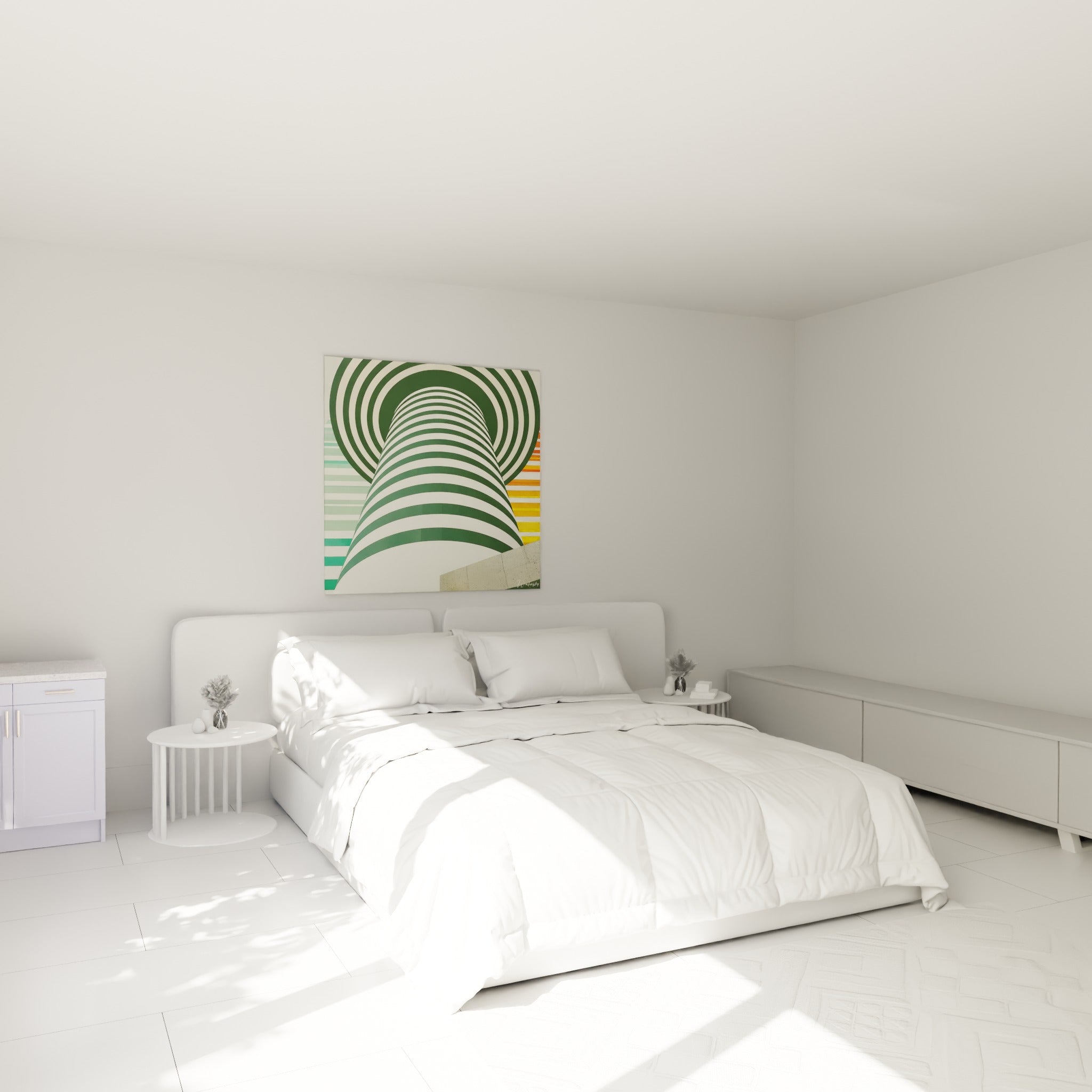 Spirale vert émeraude et crème, tableau architecture abstrait au-dessus d'un lit dans une chambre claire