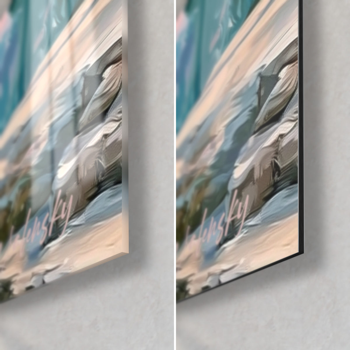 Gemälde cremefarbene Steinstufen mit türkisfarbenen Reflexen, Ecke unten rechts aus glänzendem Acrylglas und mattschwarzem Dibond