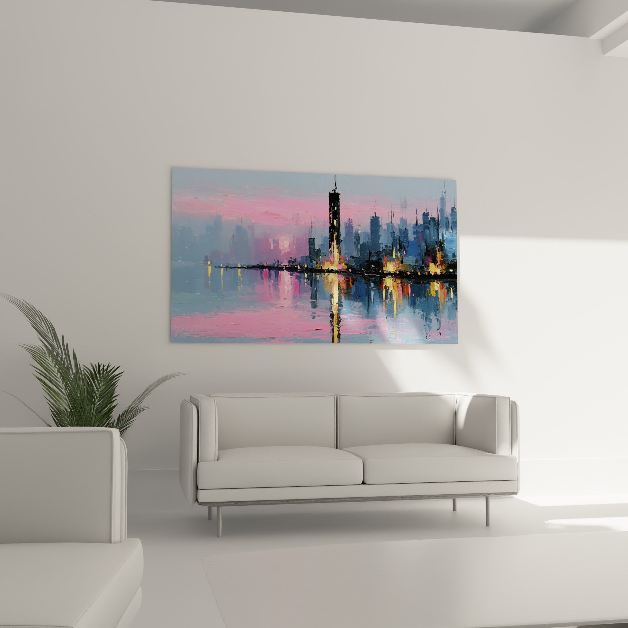 Ville abstraite aux reflets dorés sur l'eau, teintes rose et bleu marine, au-dessus d'un canapé dans un salon lumineux