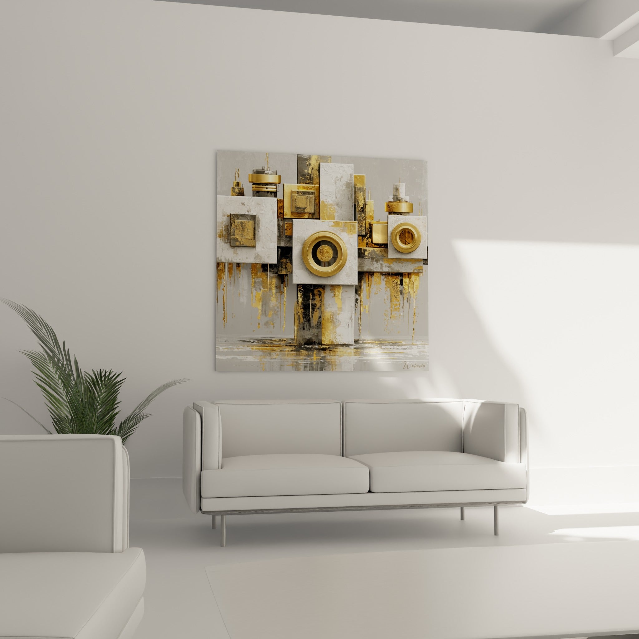 Motifs circulaires dorés du tableau architecture abstrait suspendus au-dessus d'un canapé dans un salon lumineux