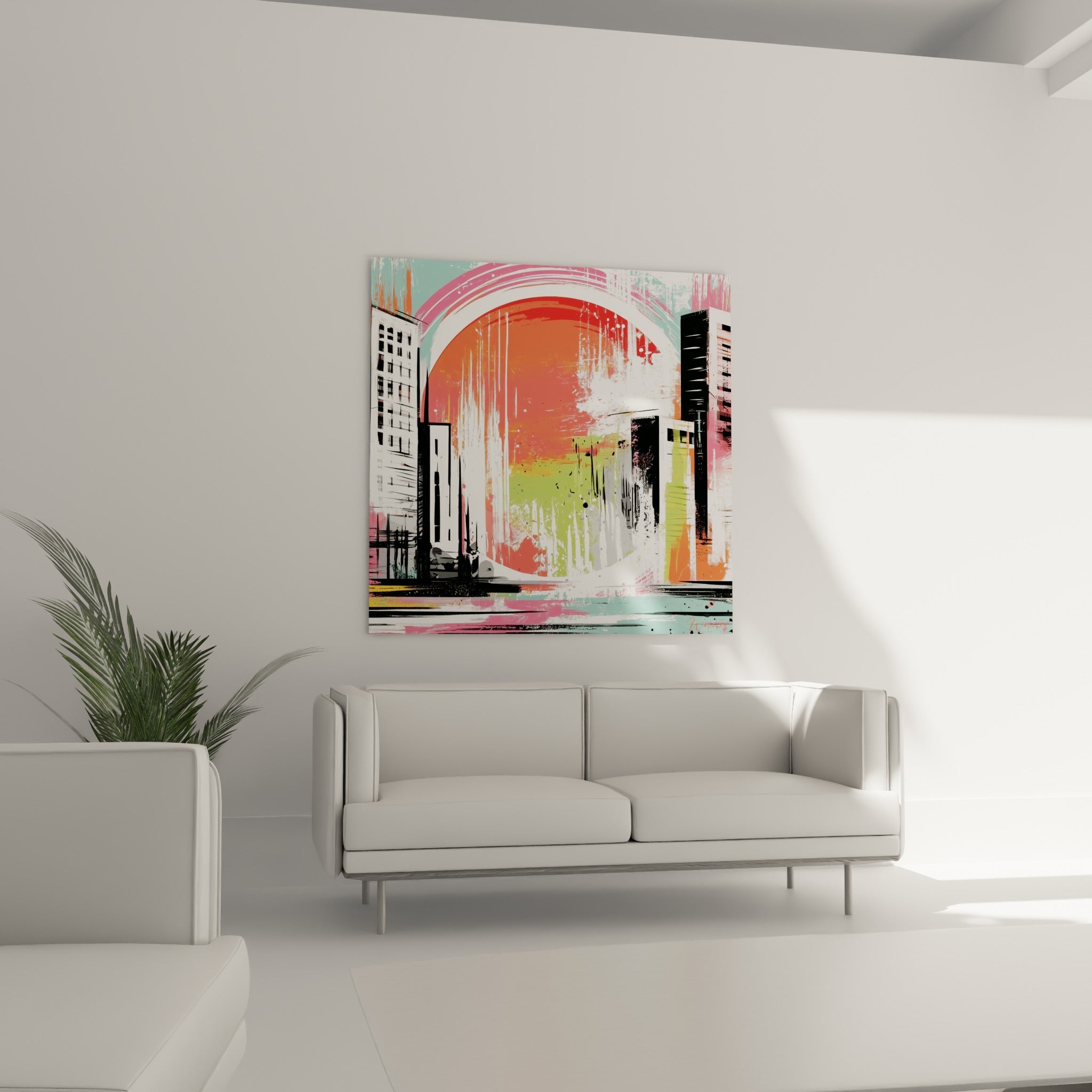 Tours urbaines noires et blanches cernées de rouge et de turquoise éclatant, au-dessus d'un canapé dans un salon lumineux