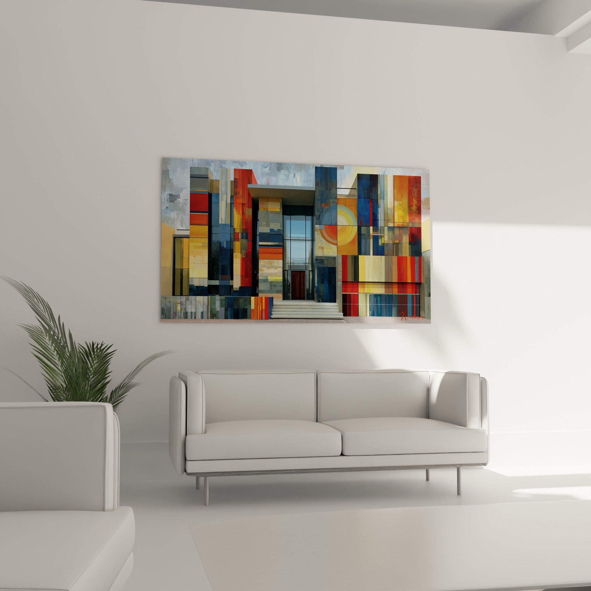 Composition ocre et bleu marine d'une façade abstraite au-dessus d'un canapé dans un salon lumineux