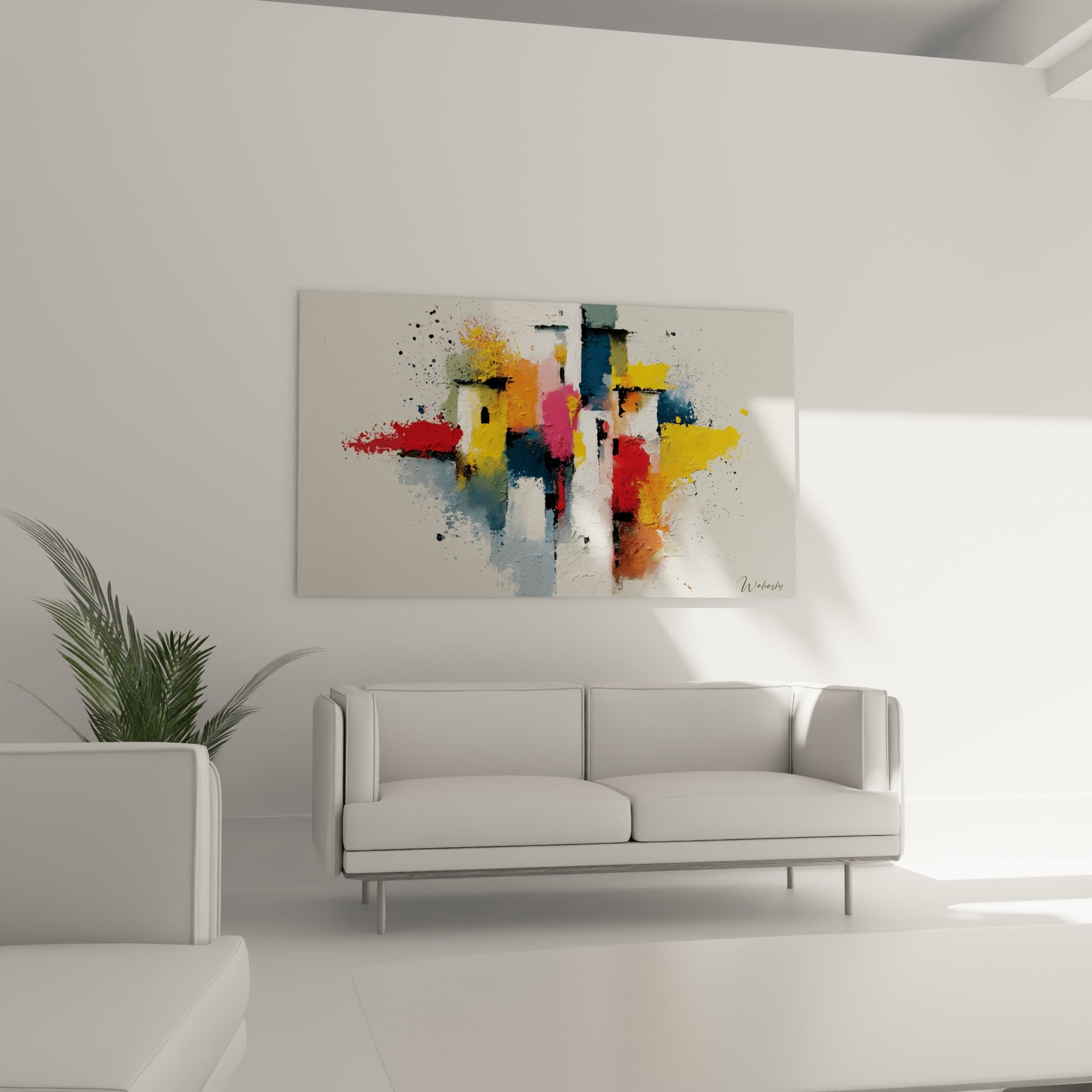 Éclats roses et orangés de ce tableau architecture abstrait au-dessus d'un canapé dans un salon lumineux