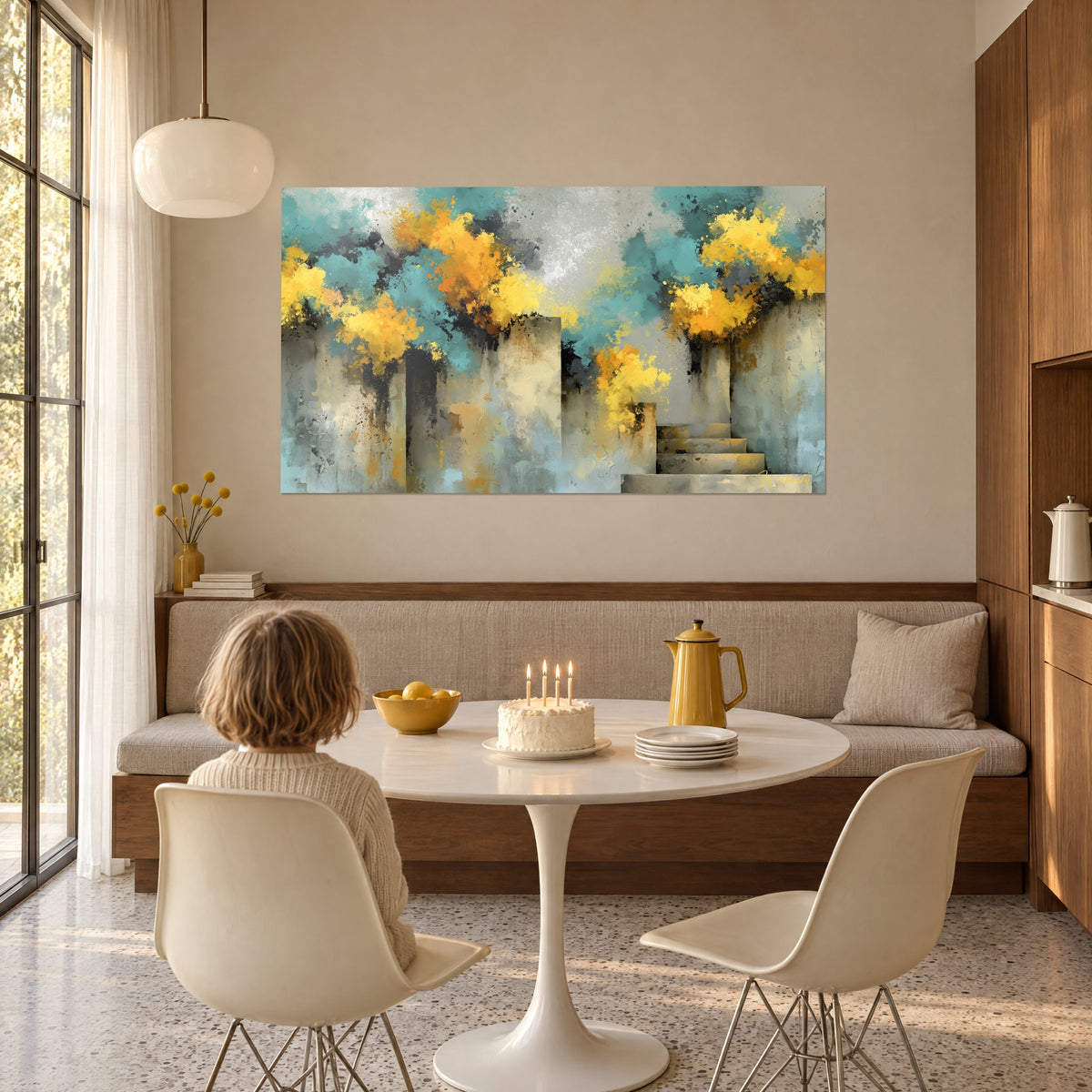Tableau jardin suspendu en éclaboussures orange et bleu canard sur béton patiné, accroché dans une salle à manger lumineuse près d'une fenêtre
