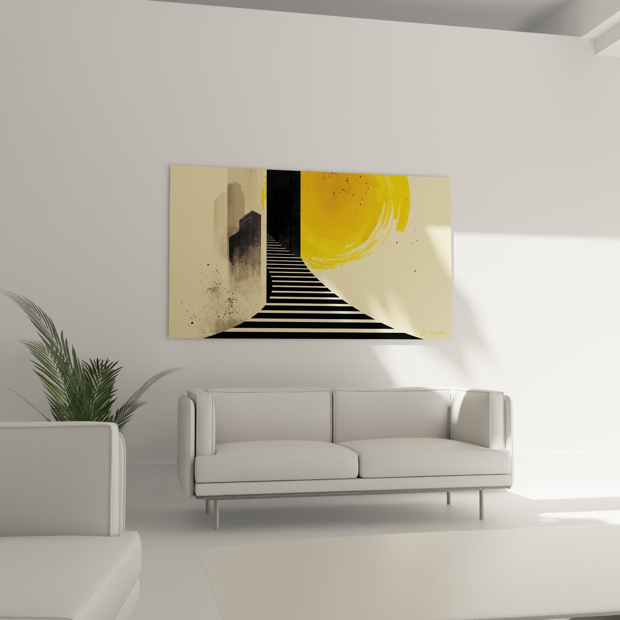 Cercle doré et silhouettes urbaines de ce tableau architecture abstrait au-dessus d'un canapé dans un salon lumineux