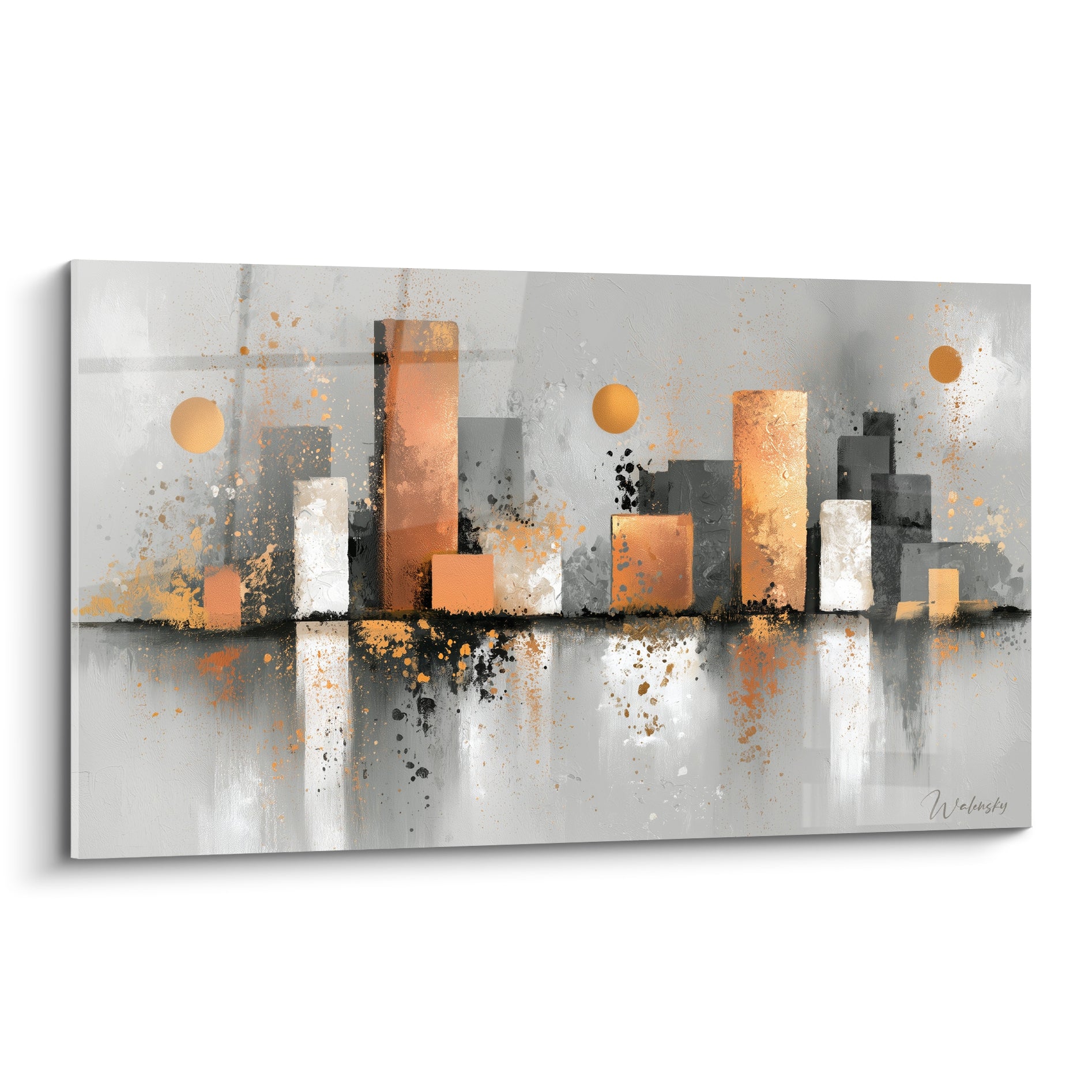 Skyline abstraite aux tours orange, ambre et grises avec éclaboussures dorées et noires