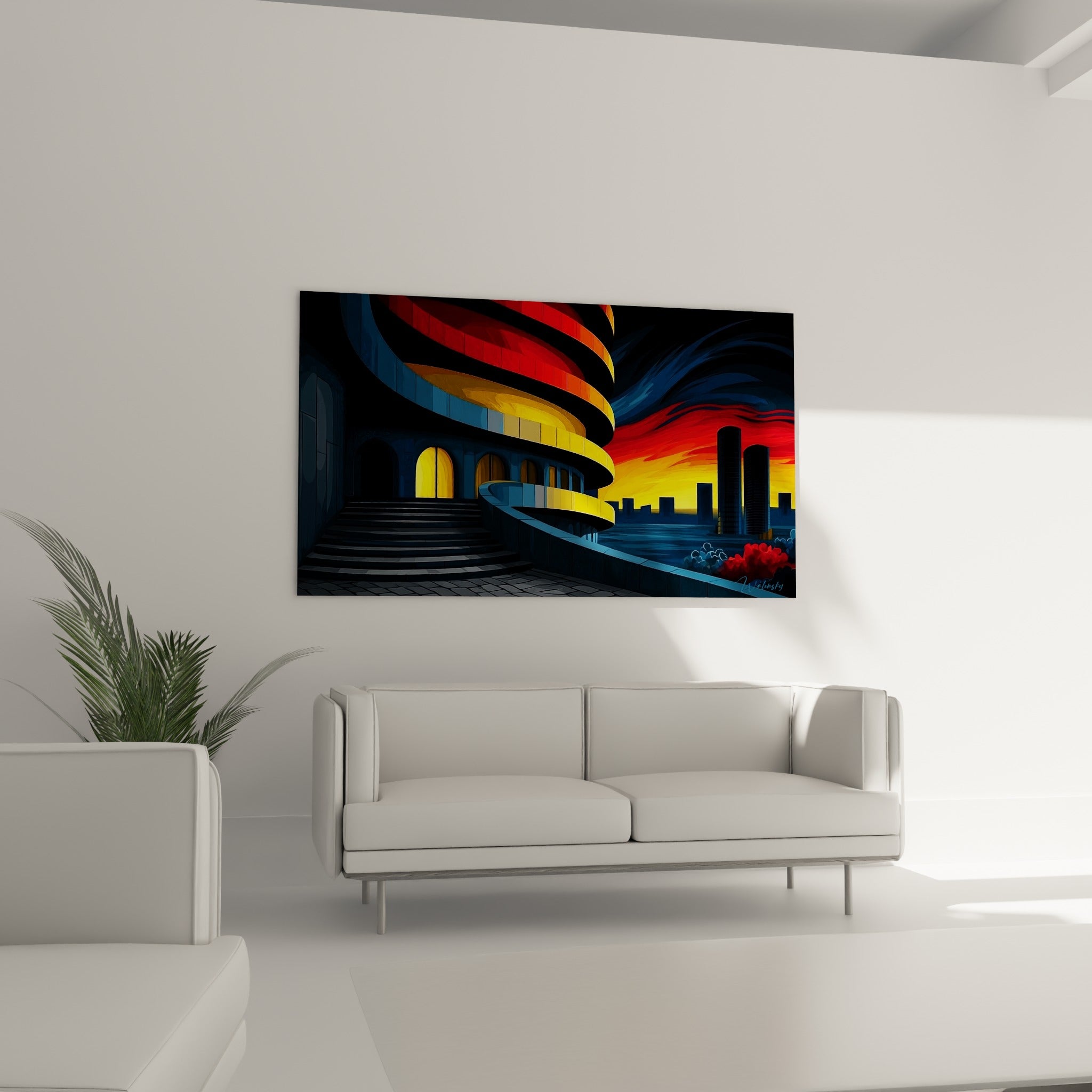 Construction futuriste jaune et rouge dominant une skyline anthracite, au-dessus d'un canapé dans un salon lumineux