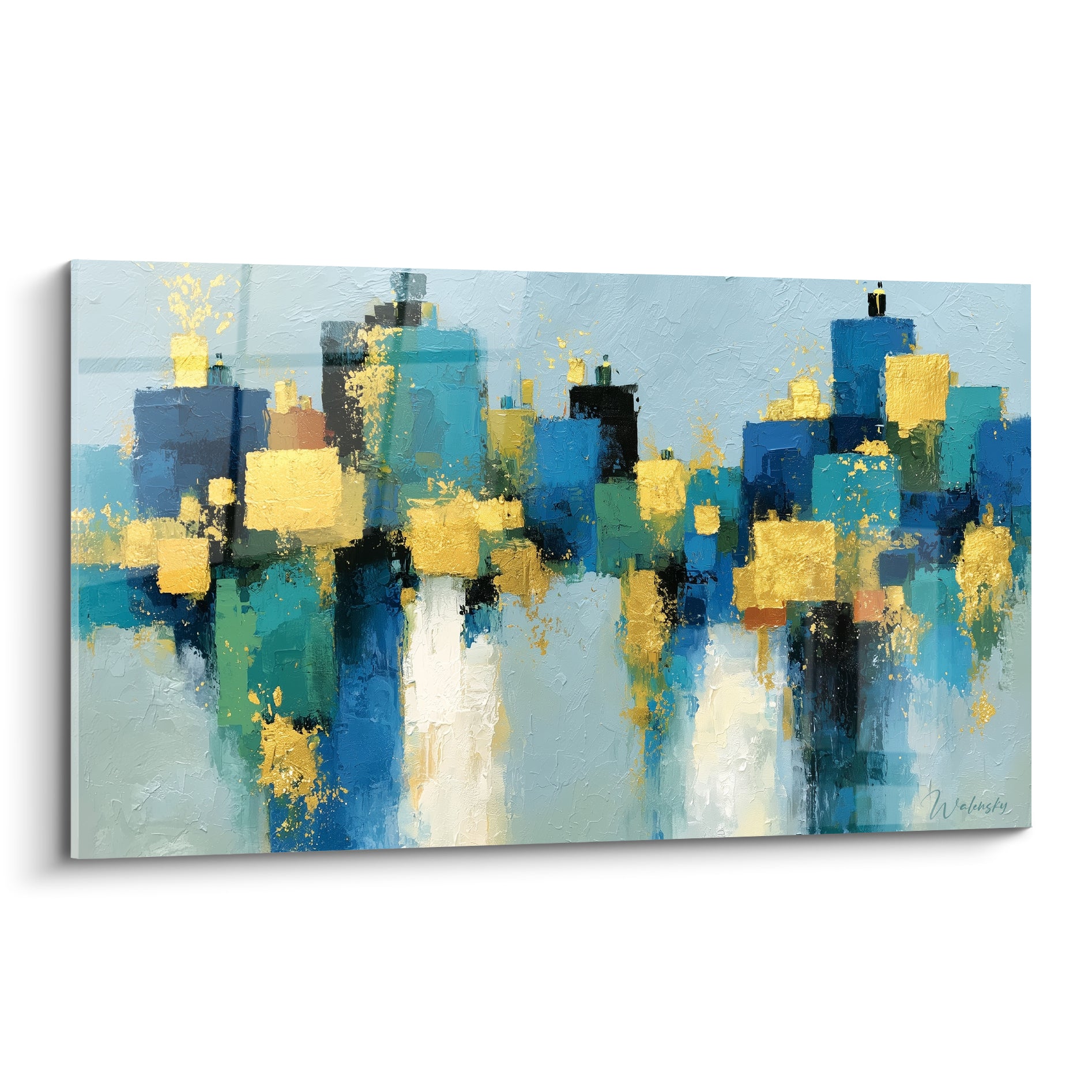 Skyline abstraite bleu marine et or, empâtements texturés, reflets dorés sur fond bleu ciel pâle