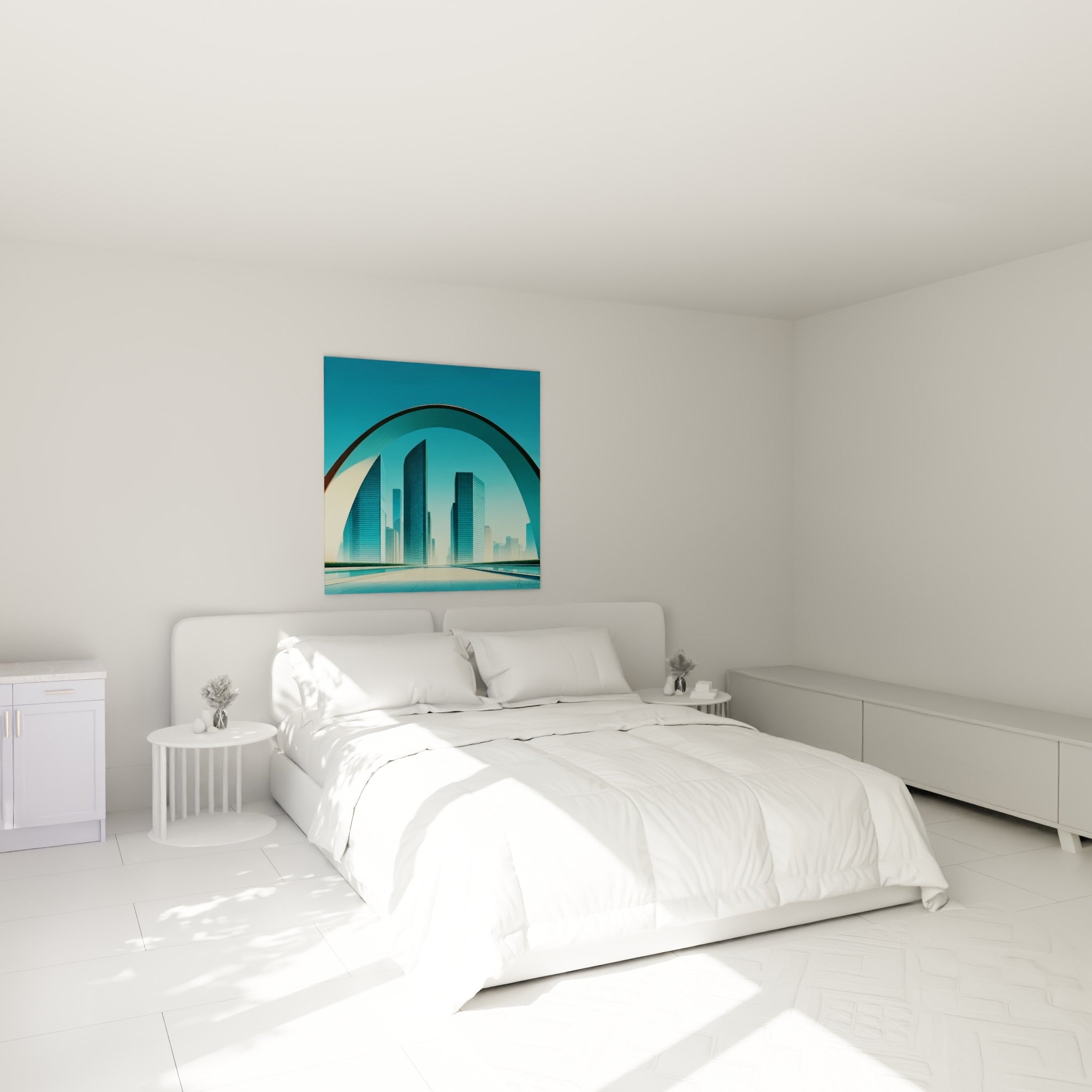 Skyline futuriste bleu et doré sous une arche architecturale, au-dessus d'un lit dans une chambre claire