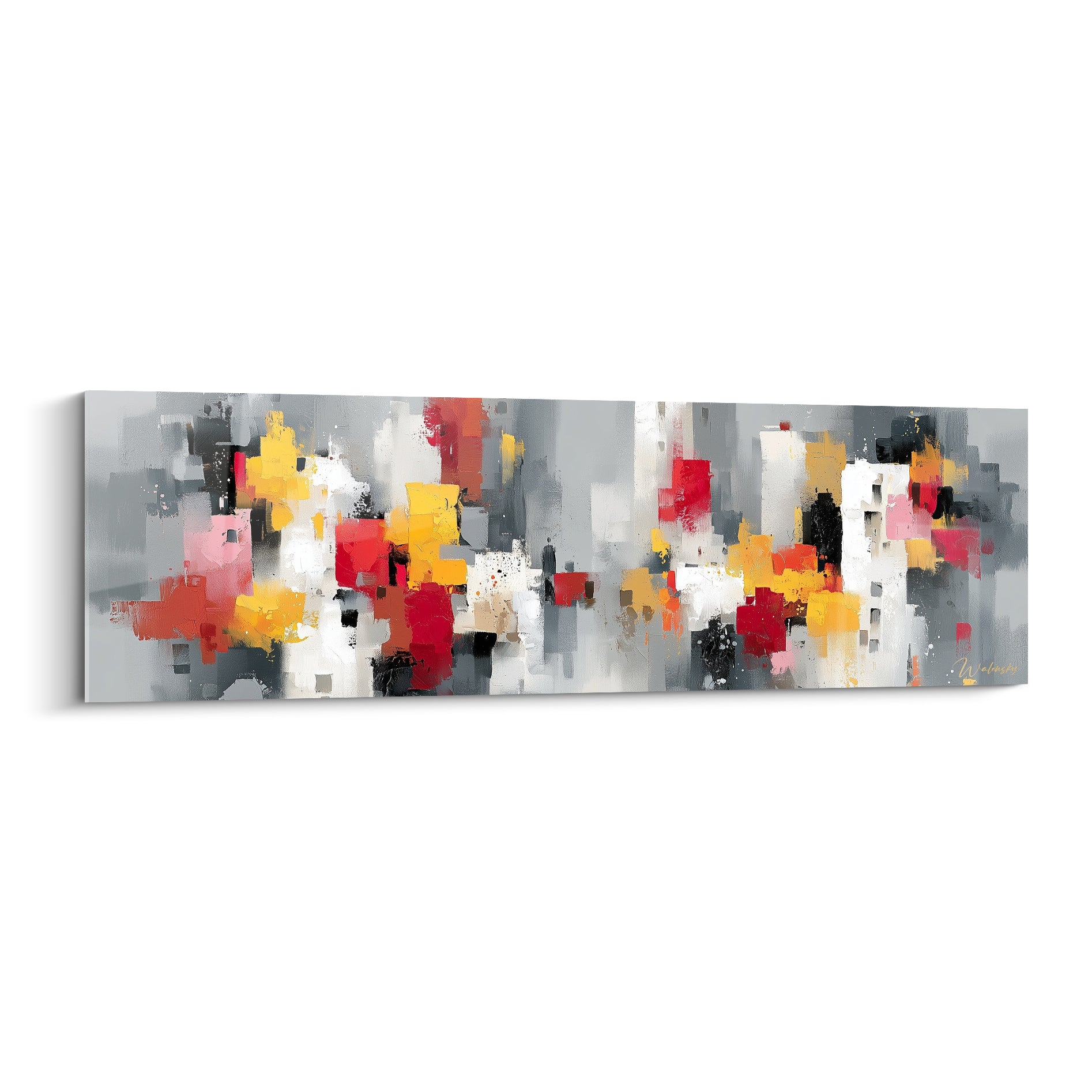 Skyline abstraite en blocs gris anthracite et rouge écarlate avec éclats jaune moutarde et texture picturale