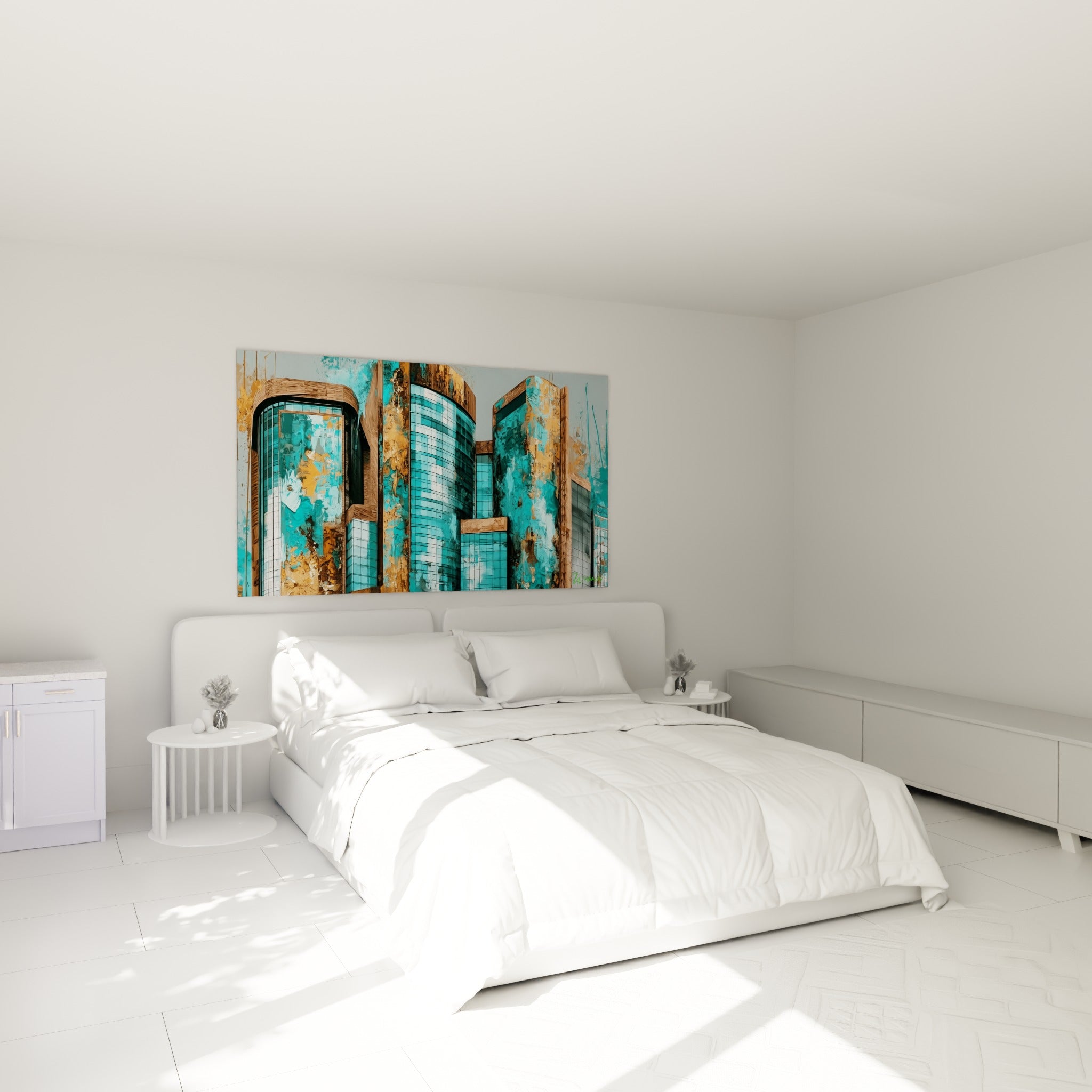 Skyline turquoise et ocre cuivré, tableau architecture abstraite au-dessus d'un lit dans une chambre claire