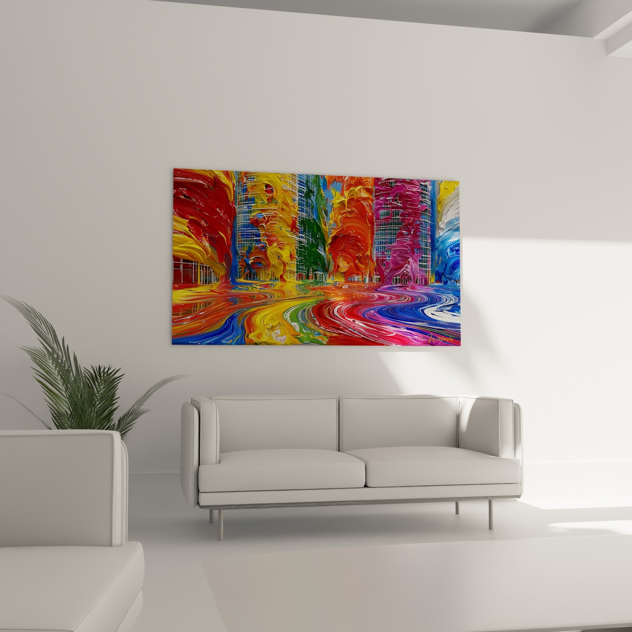 Skyline abstraite orange et bleu en fusion picturale, œuvre au-dessus d'un canapé dans un salon lumineux