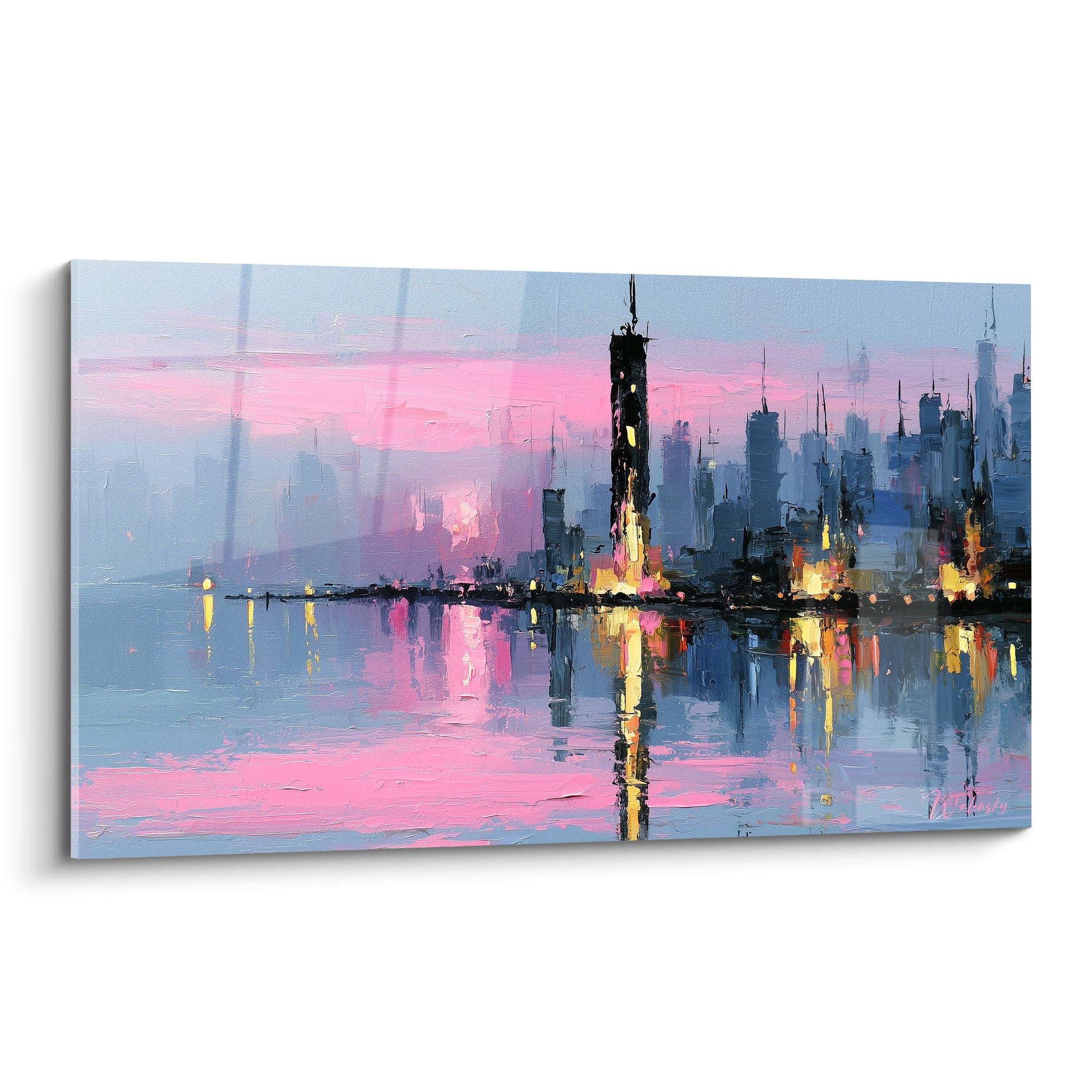 Skyline peinte en rose et bleu marine, tour centrale dorée reflétée dans l'eau calme