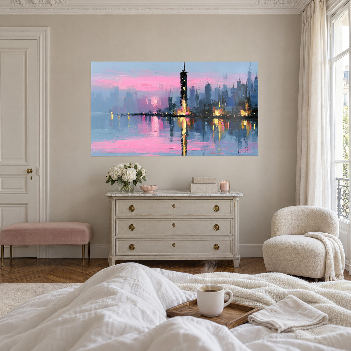 Wall art misty urban silhouette in pink and blue, illuminated central tower, one person seen from behind, above a bed in a light bedroom