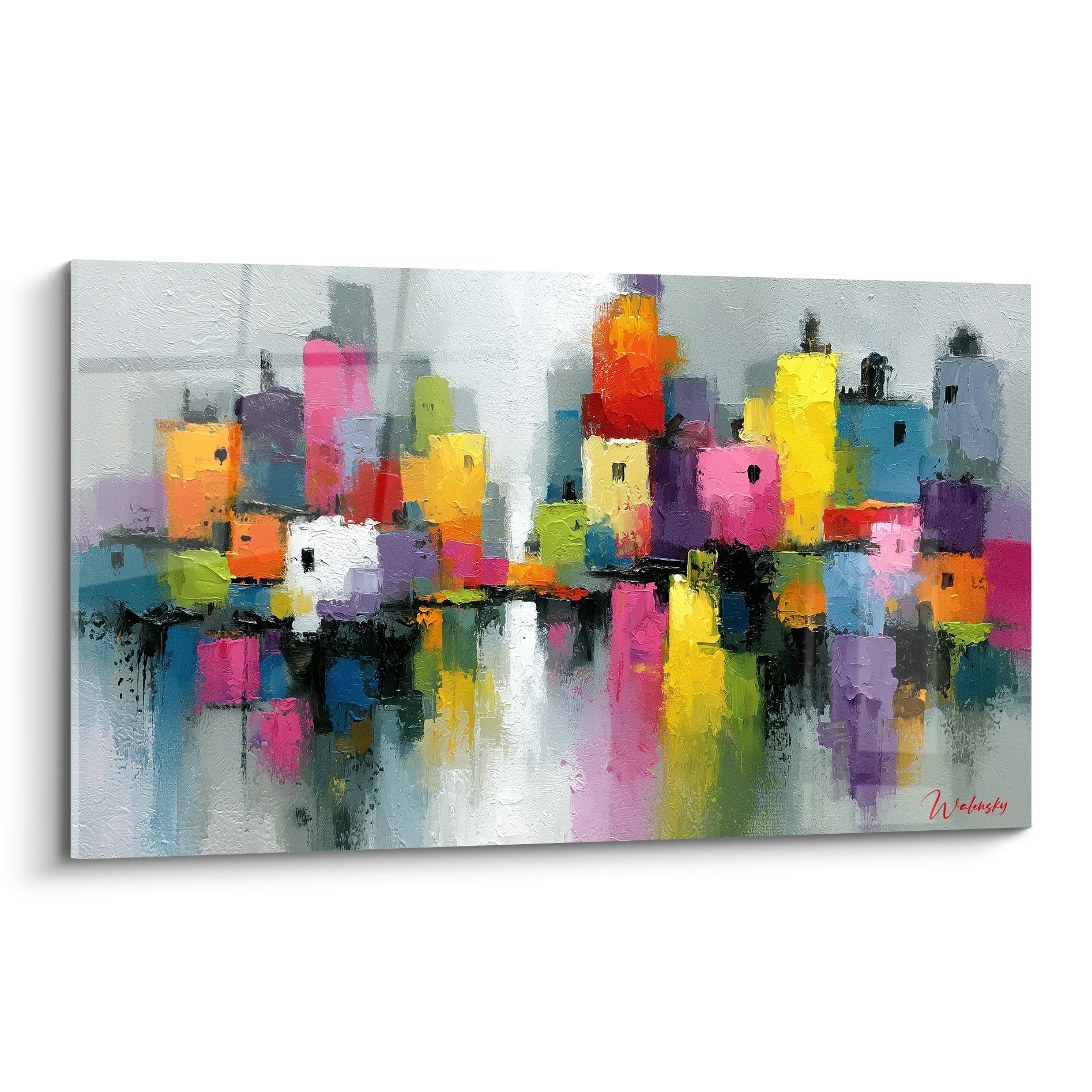 Skyline abstraite Architecture abstrait aux buildings rose fuchsia et jaune doré, reflets sur eau grise