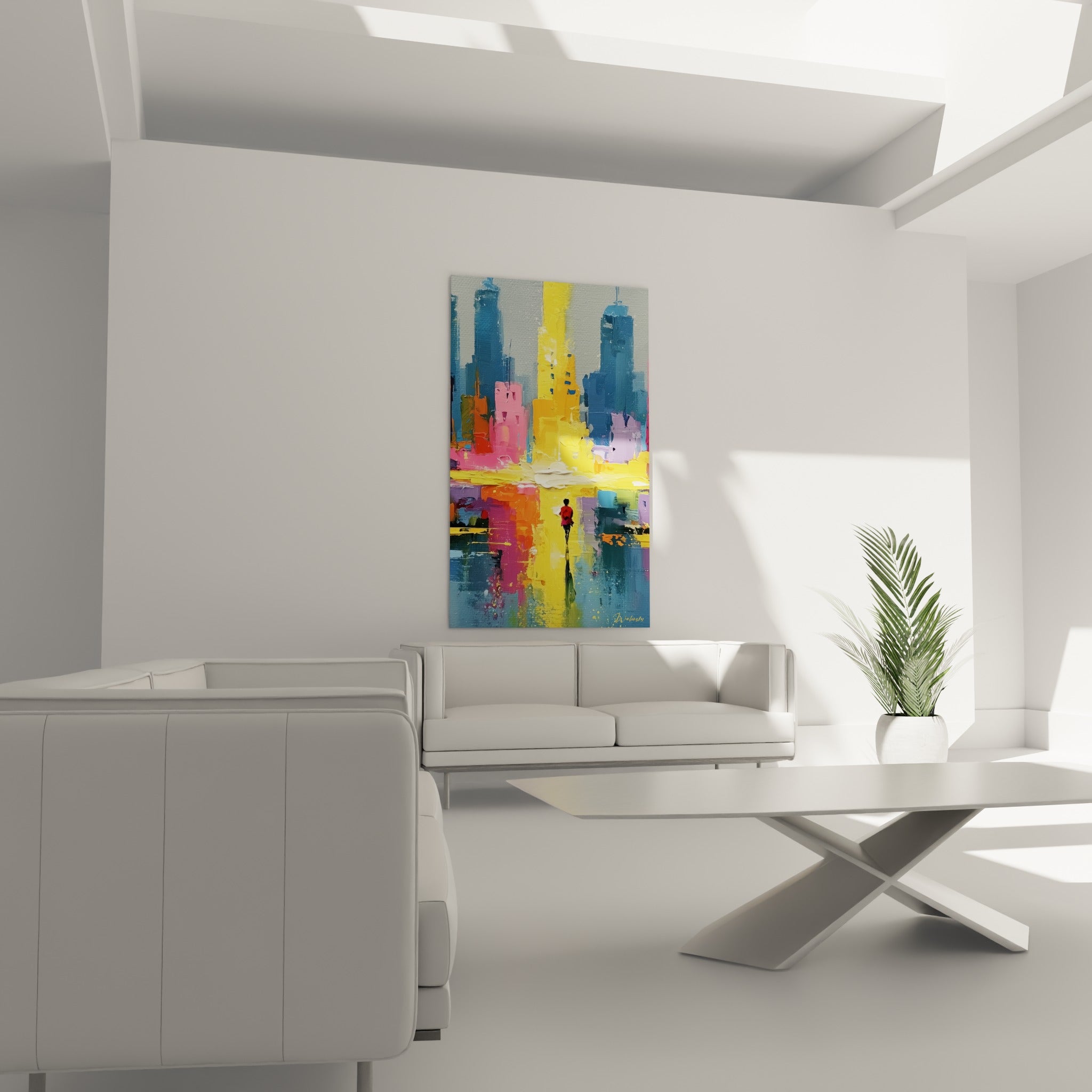 Ville peinte en jaune vif et rose de ce tableau architecture abstrait au-dessus d'un canapé dans un salon lumineux