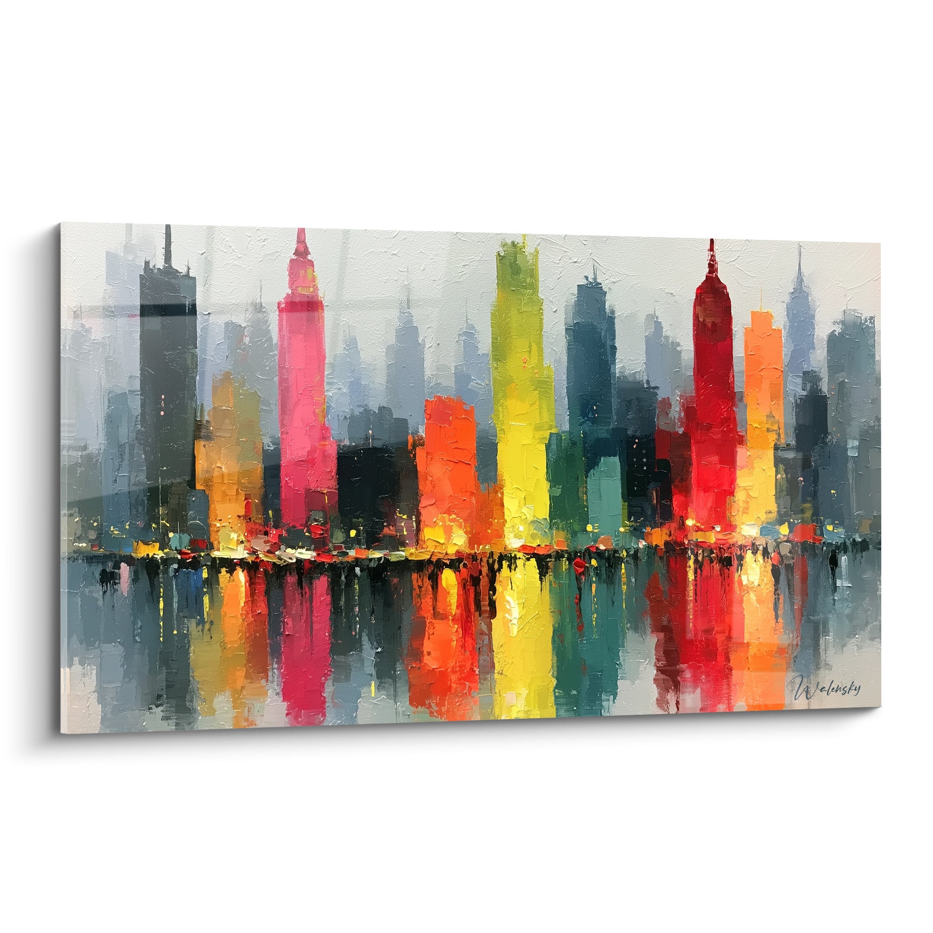 Skyline peinte au couteau, tours roses, jaunes et rouges se reflétant sur une eau sombre