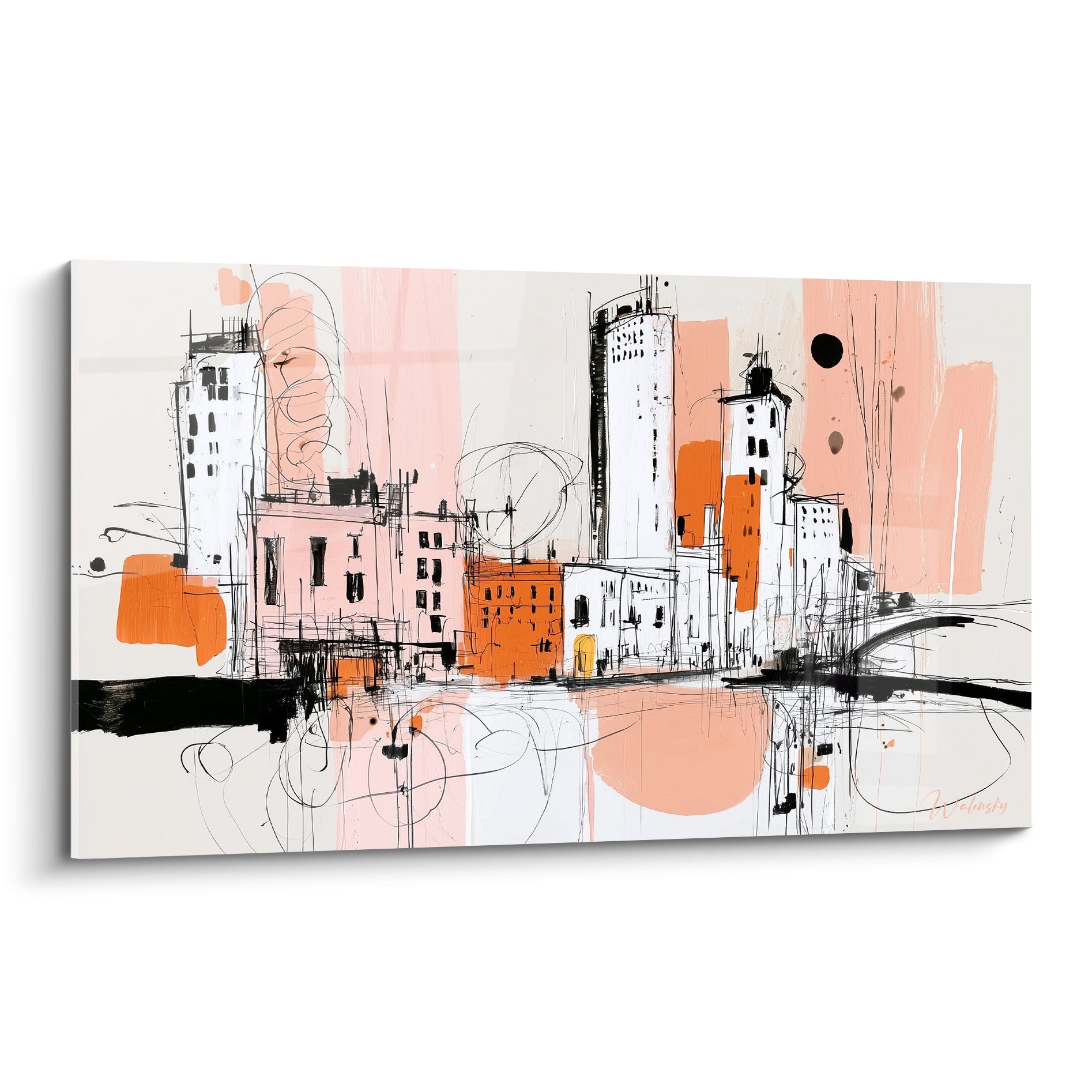 Skyline esquissé en noir sur fond terracotta et rose poudré, architecture abstraite au trait vif