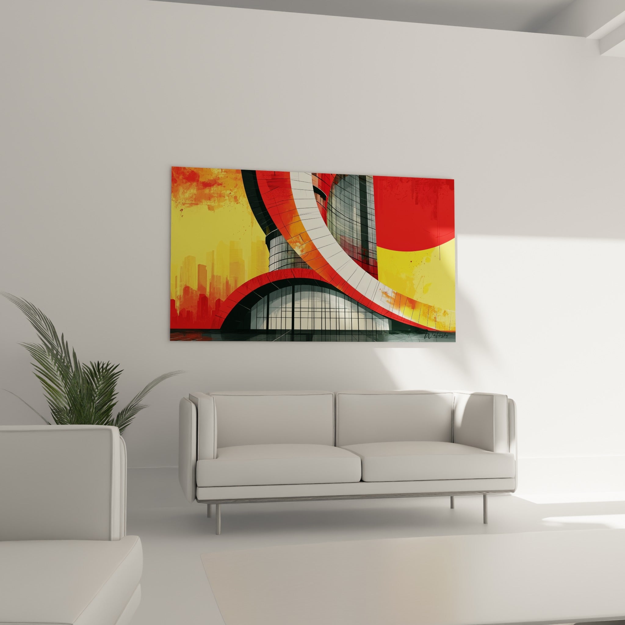 Bâtiment futuriste rouge et jaune de cette architecture abstraite, au-dessus d'un canapé dans un salon lumineux