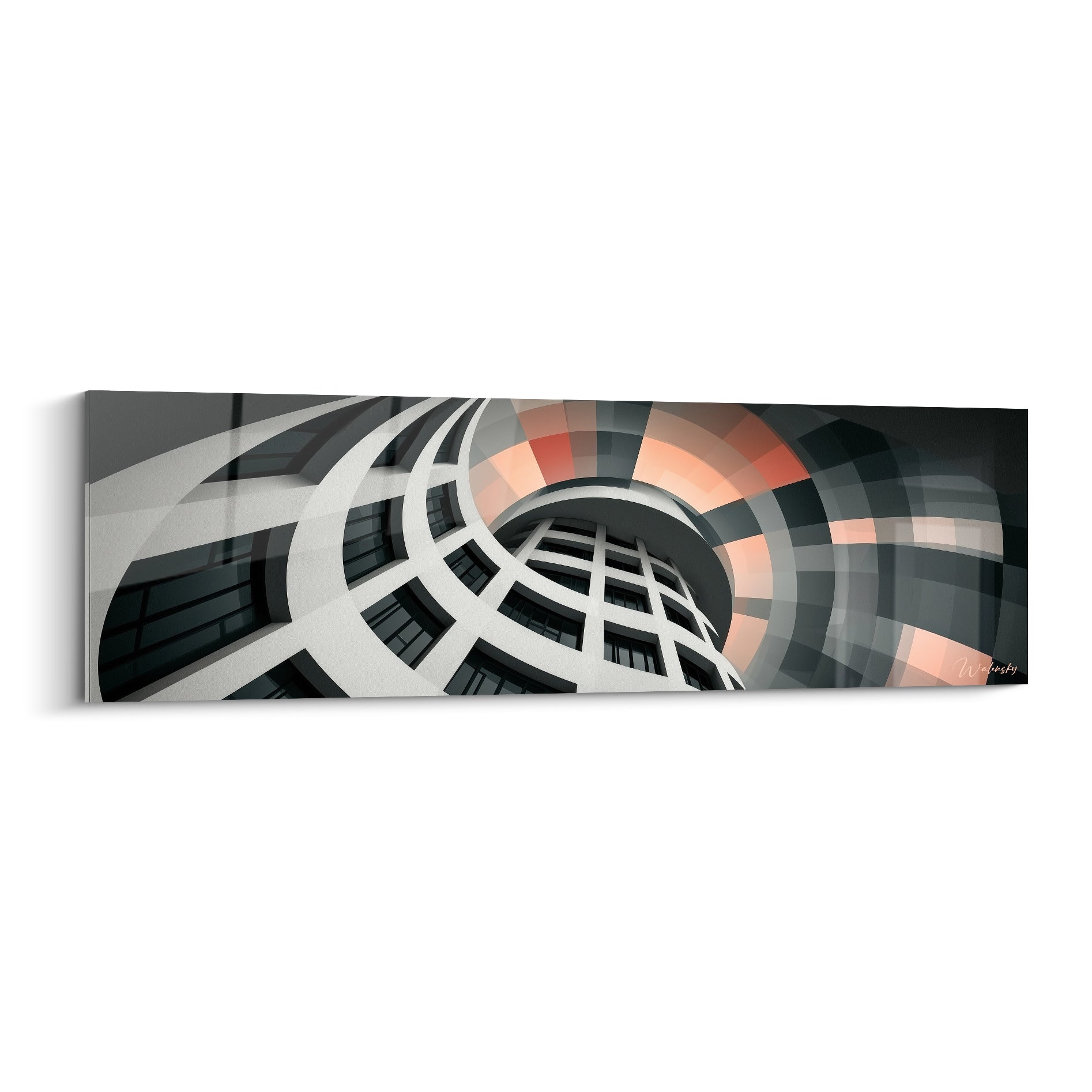 Spirale architecturale grise et corail formant un tourbillon vertigineux vers le centre lumineux