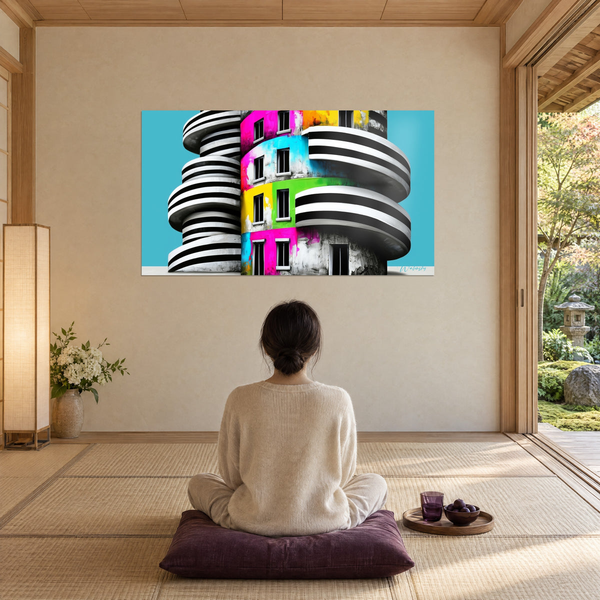 Tableau façade éclatée de rose, cyan et jaune entre balcons arrondis rayés noir et blanc, observée par une personne assise de dos