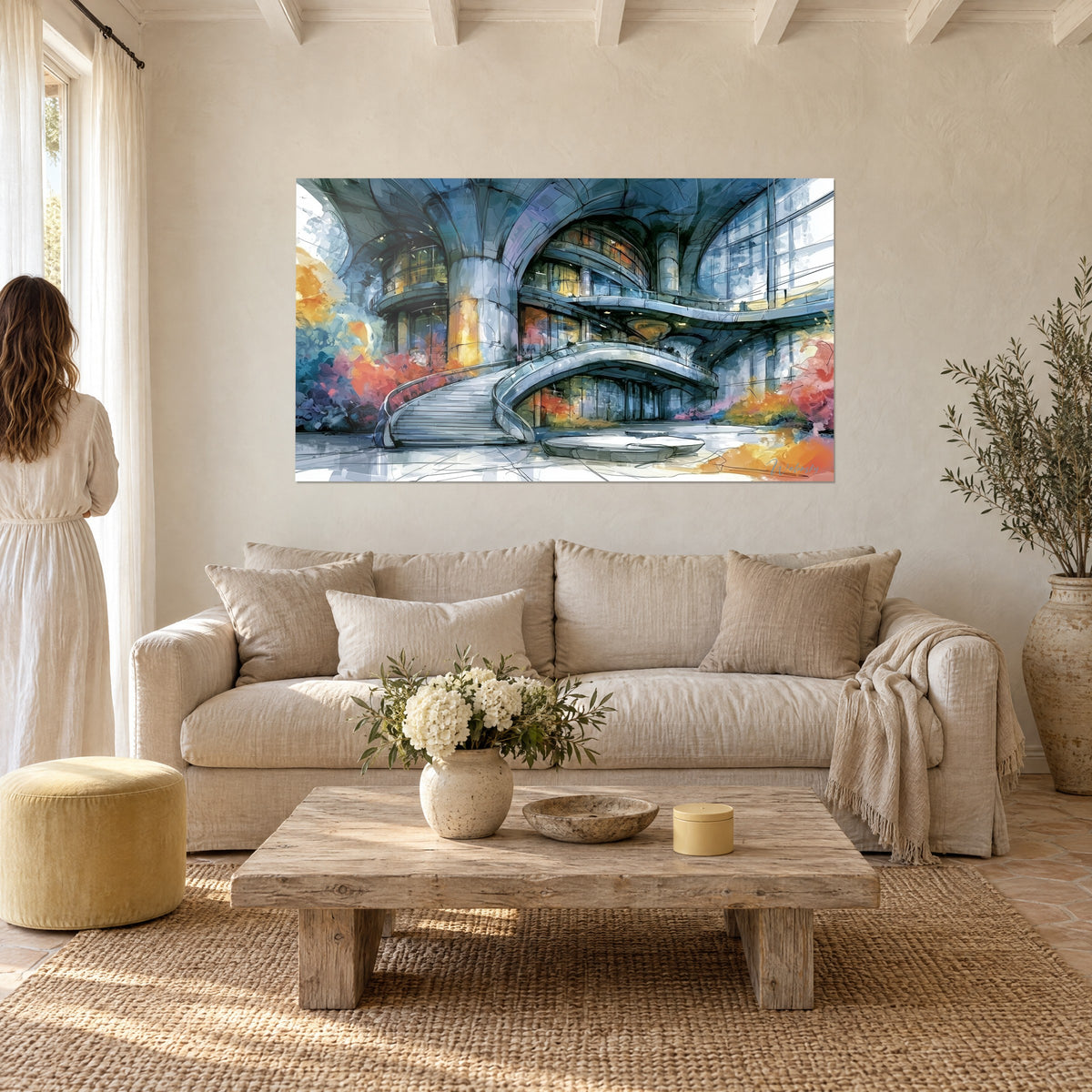 Wall art Curved grey stone staircase beneath glass vaults, orange and blue-tinted accents, above a sofa in a bright living room