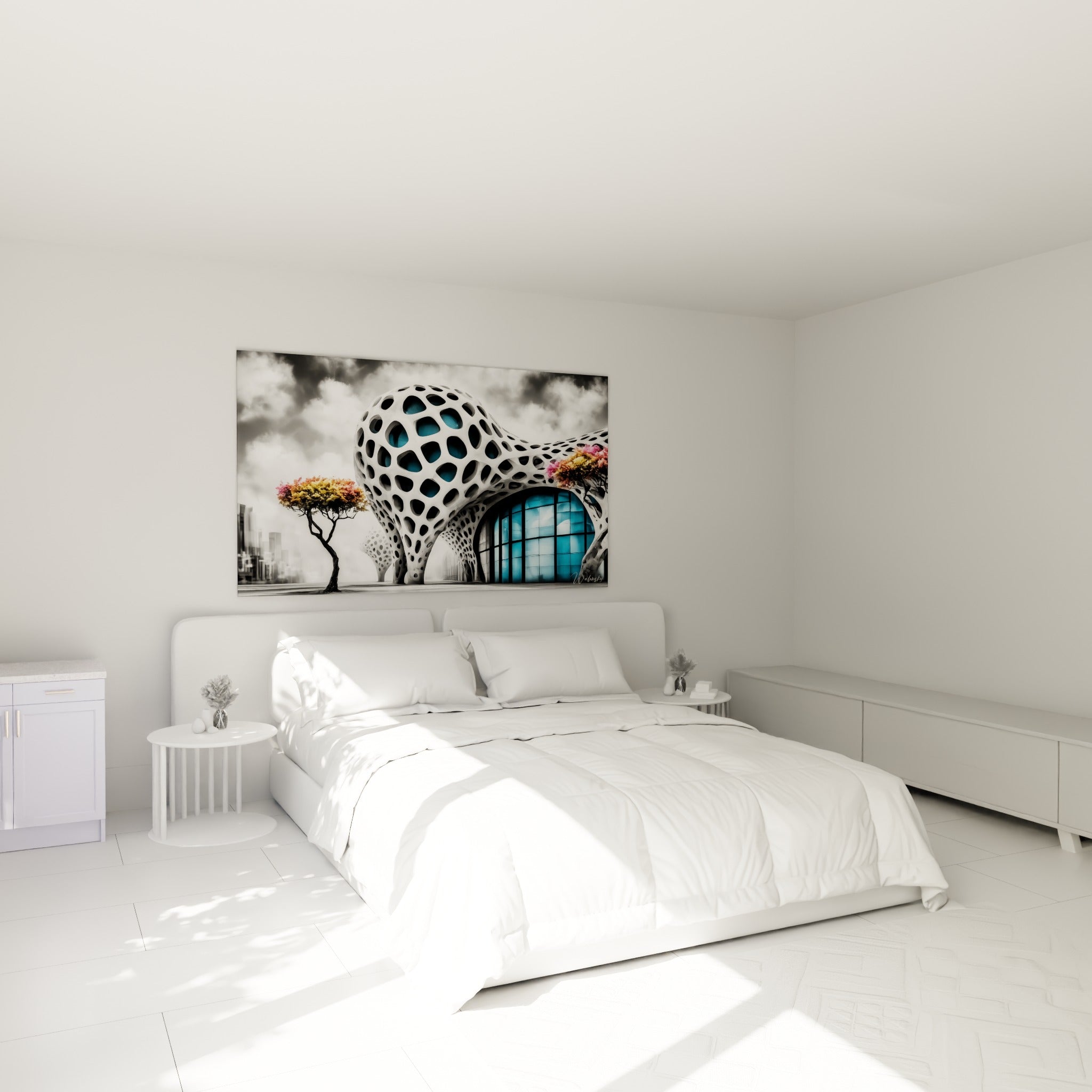 Structure organique blanche percée de turquoise, tableau architecture abstrait au-dessus d'un lit dans une chambre claire