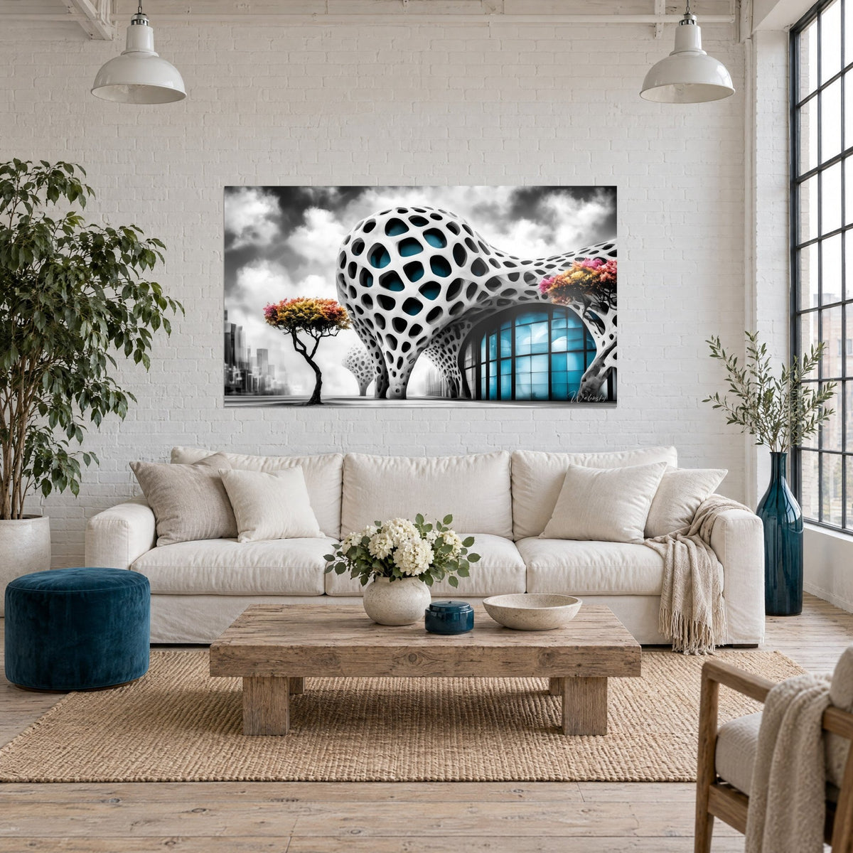 Tableau bâtiment alvéolé blanc aux baies turquoise et arbre rose-orangé sur ciel orageux, au-dessus d'un canapé dans un salon lumineux