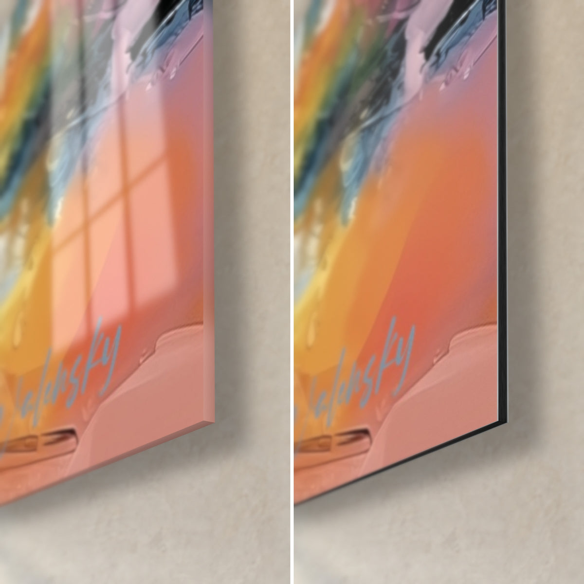 Wall art Steel footbridge in ink drawing, pink and orange corner bottom right, glossy glass on the left, matte Dibond on the right