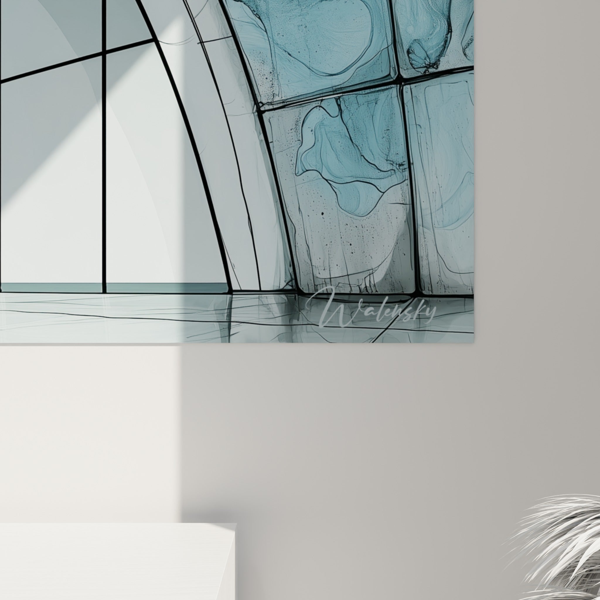 Détail des coulures bleu marine et blanches, texture aquarelle sur le contour de l'arche architecturale