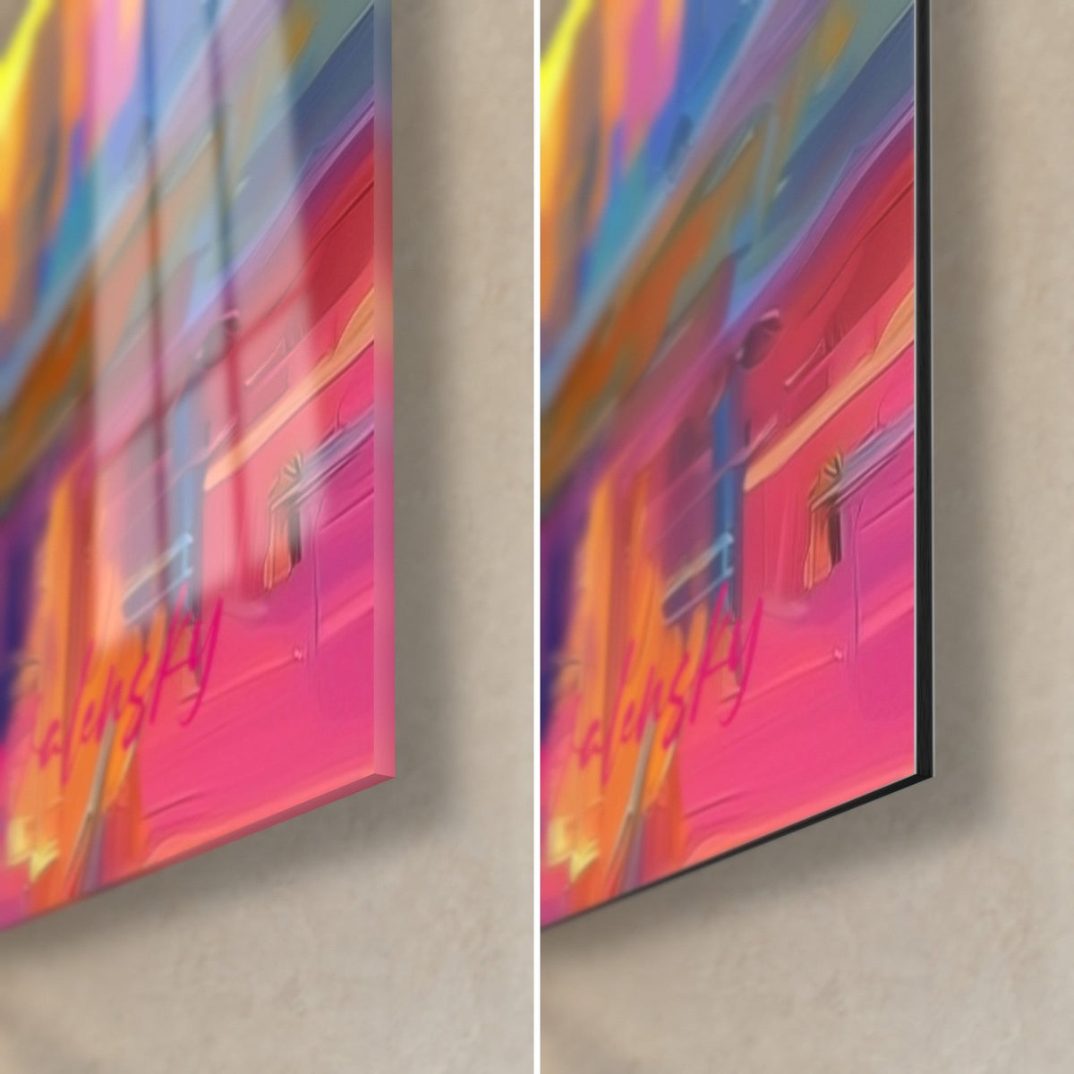 Gemälde einer kristallinen Fassade in Fuchsia und Gelb, untere rechte Ecke: glänzendes Acrylglas links, mattes schwarzes Dibond rechts, 3 mm Kante