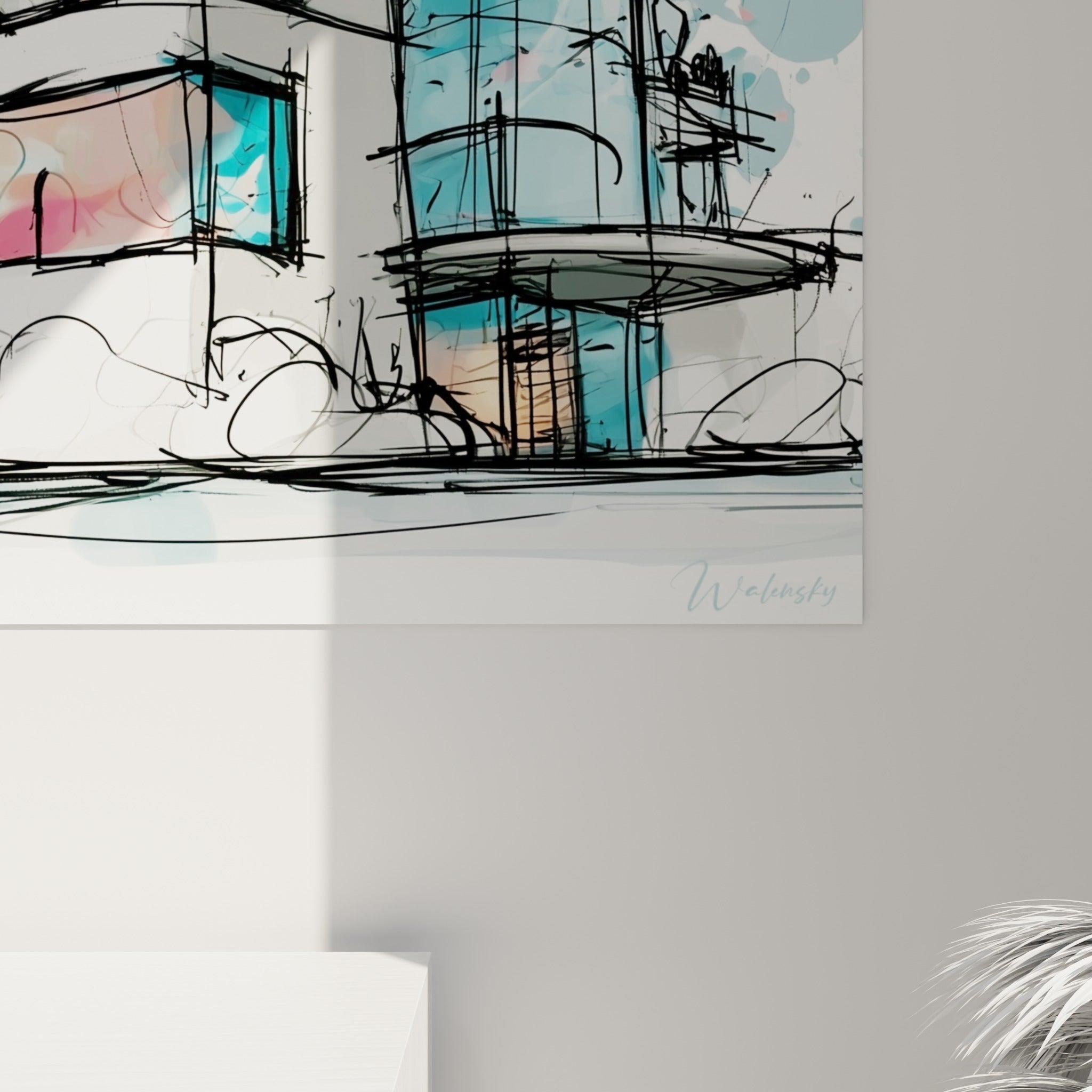Traits d'encre noire et lavis turquoise se mêlant sur la façade, coulures et grain visibles de près sur la toile