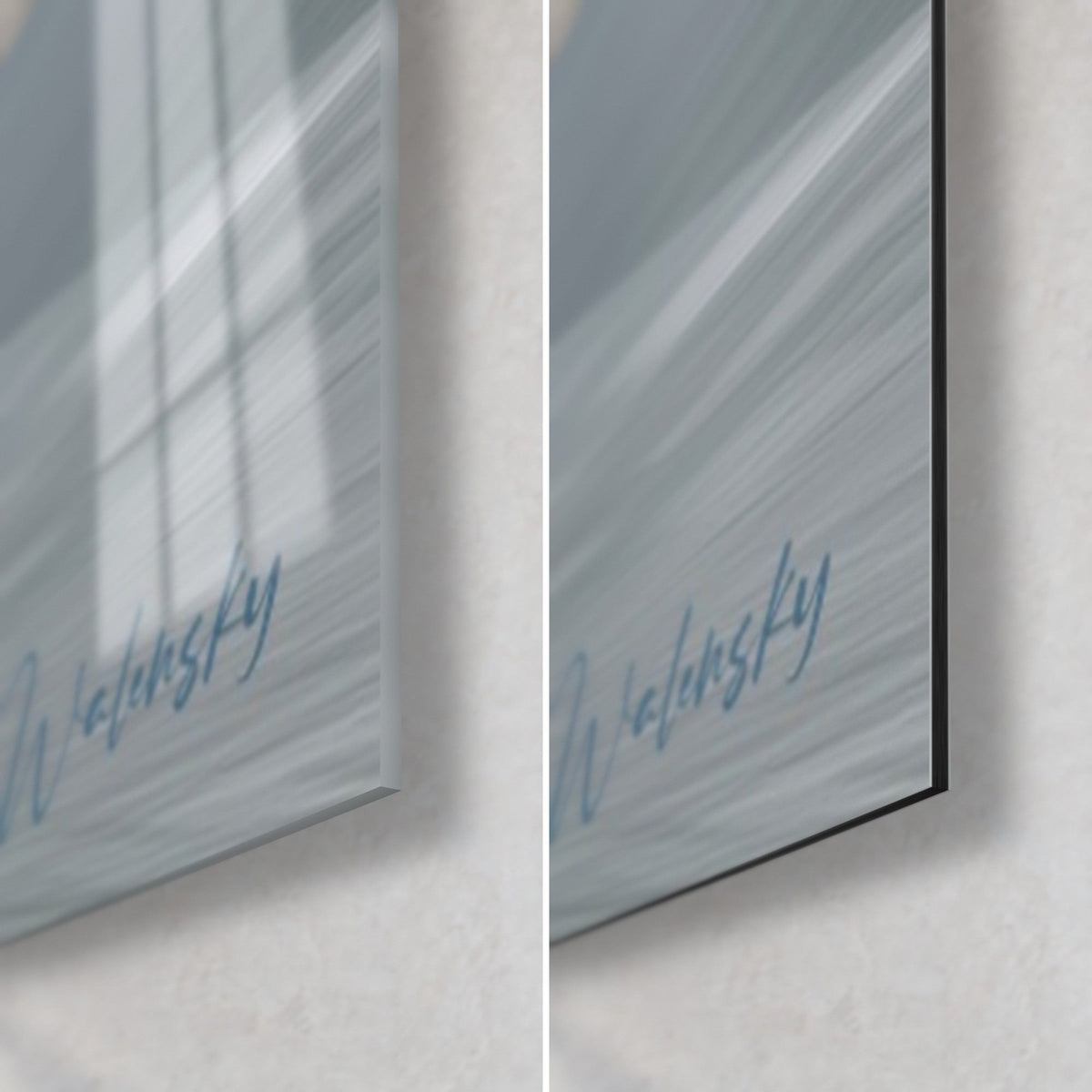 Tableau passerelle courbé bleu-gris, coin bas droit, reflets sur verre acrylique brillant, Dibond noir mat et tranche de 3 mm