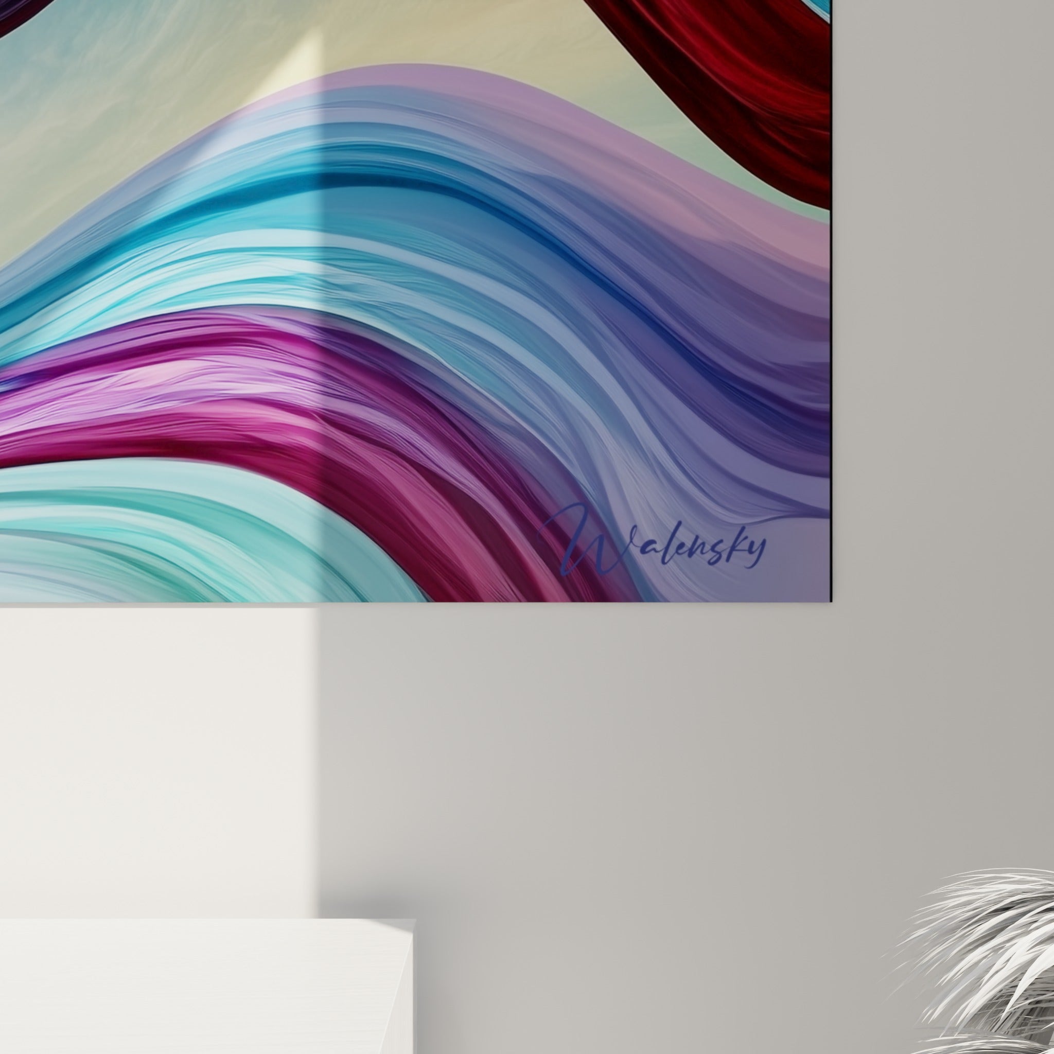 Détail des vagues peintes en bordeaux profond et bleu pétrole, grain et brillance de la surface visibles de près