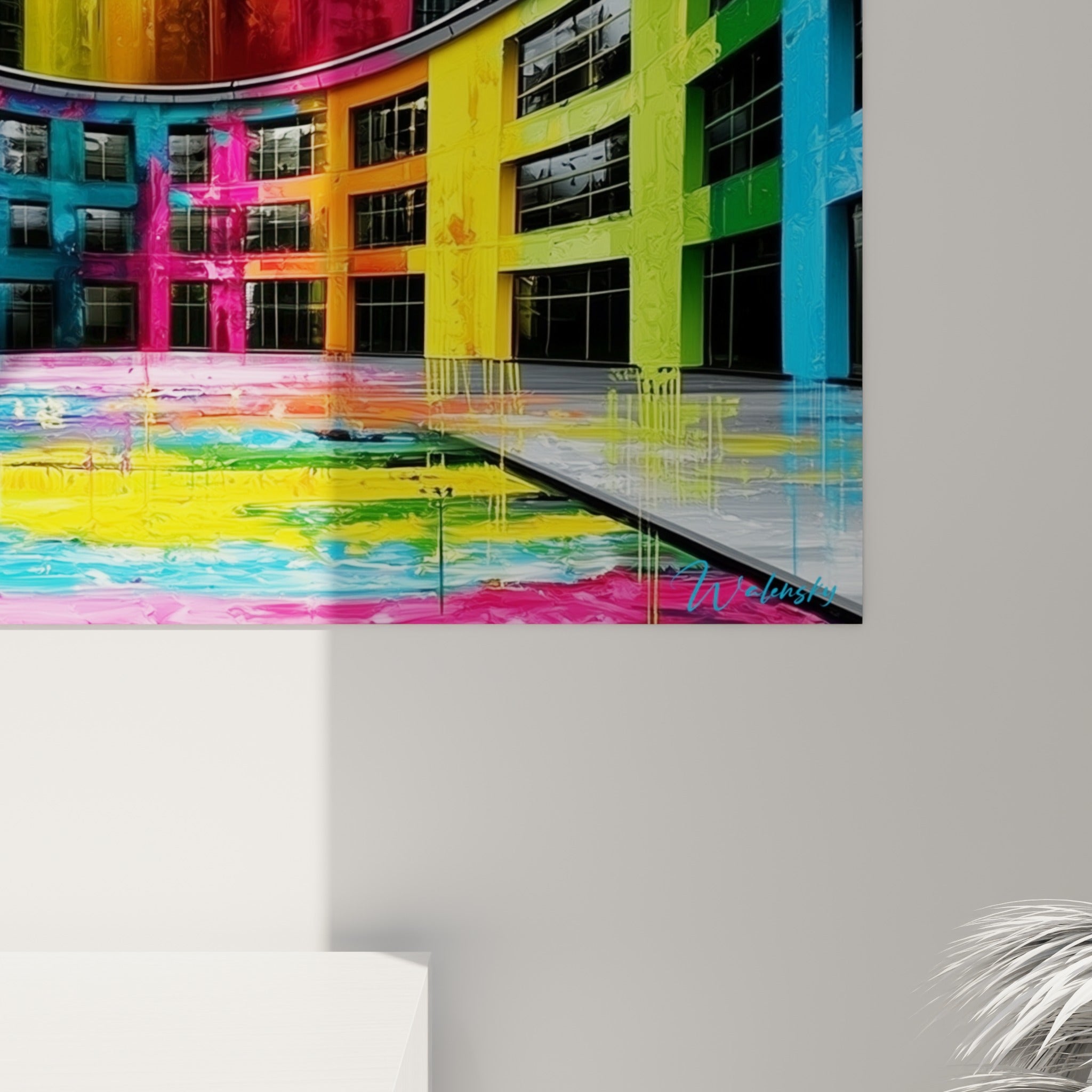 Coulures peintes turquoise et dorées visibles en gros plan sur la toile architecture abstrait accrochée